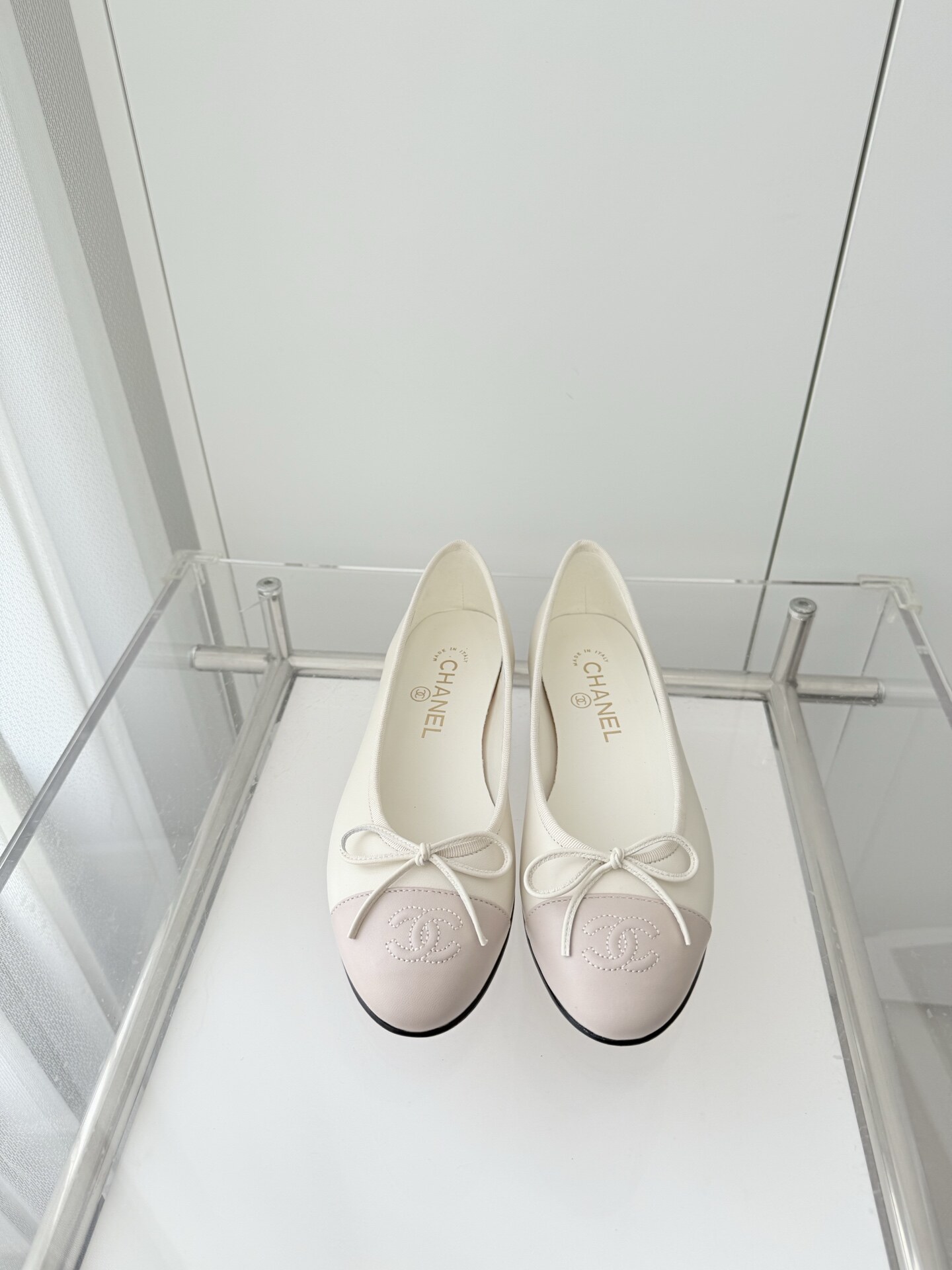 Chanel Off White Nude Pink Two-Tone Bow Embroidered CC Round Toe Ballet Flats