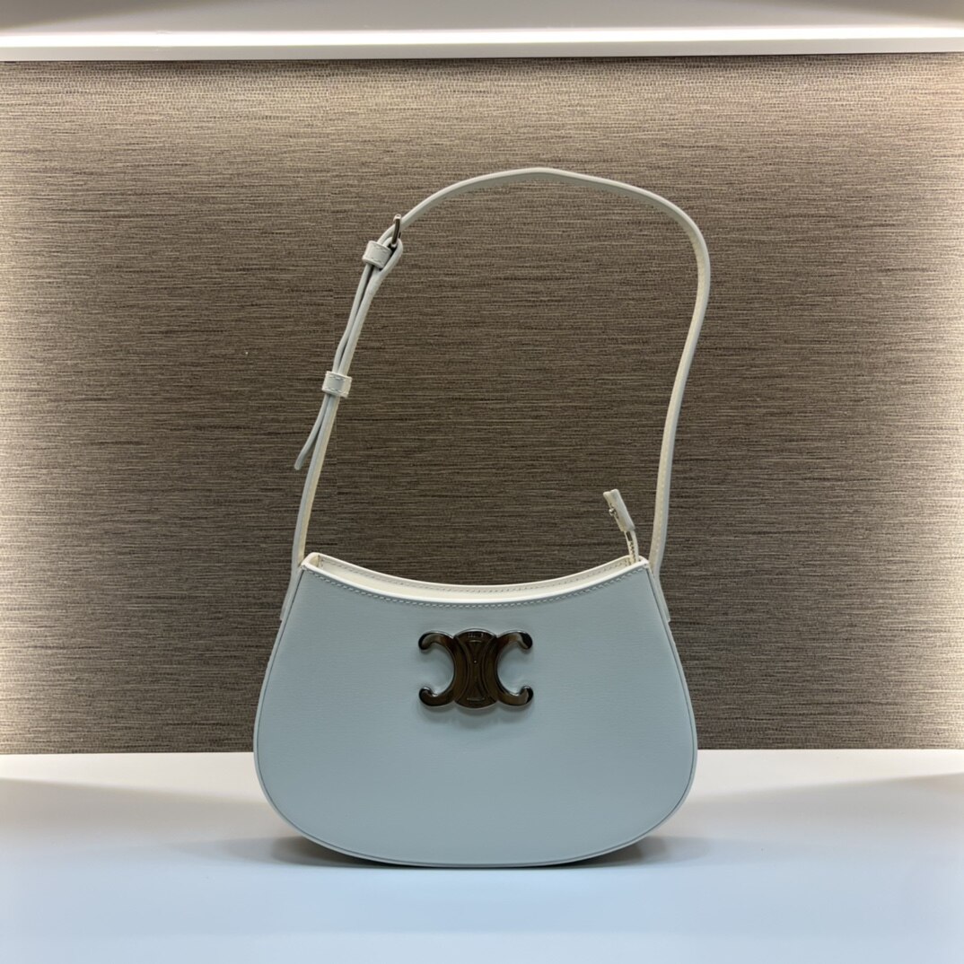 Celine Cream Smooth Leather Triomphe Adjustable Strap Moon Shoulder Bag