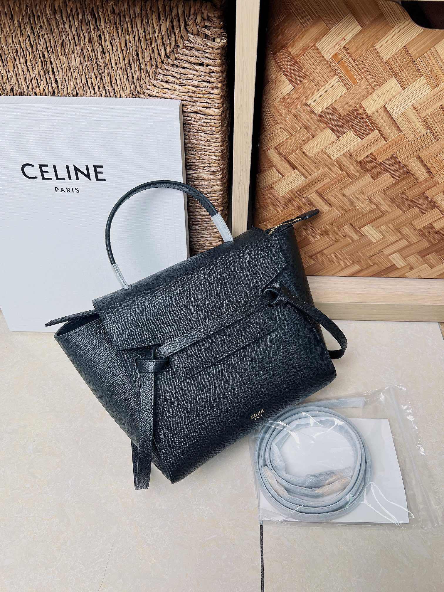Celine Black Grained Leather Belt Bow Mini Hand Tote Crossbody Bag