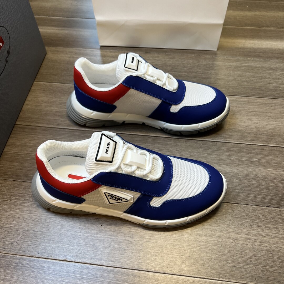 Prada White Red Blue Color Block Mesh Leather Triangle Logo Auto Buckle Low Top Sneakers