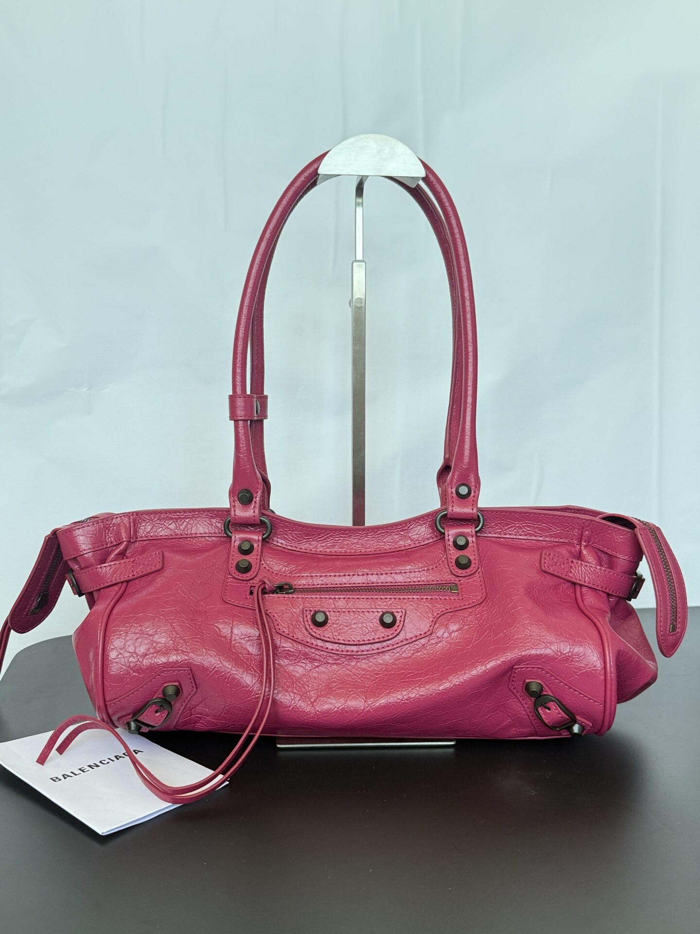 Balenciaga Fuchsia Crinkled Wax Leather Long Motocross Stud Shoulder Bag
