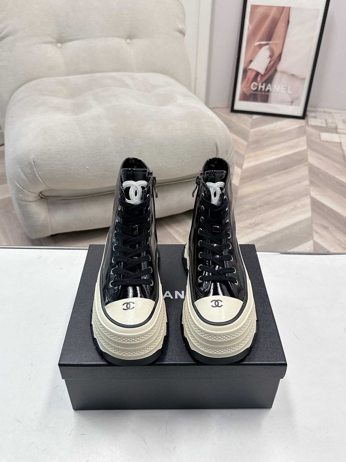 Chanel  Black Patent Leather Off White Toe Embroidered CC Side Zip Platform High Top Boots
