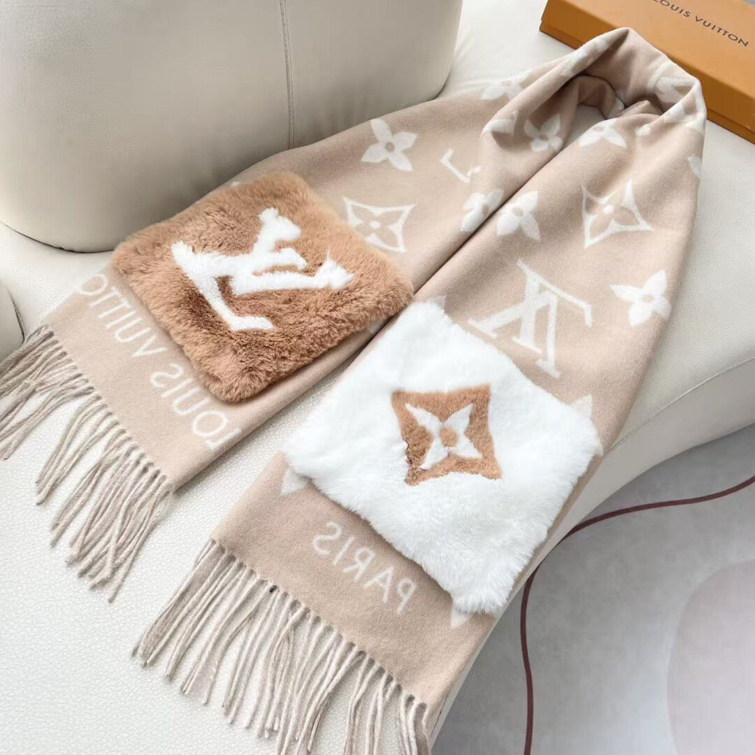 Louis Vuitton LV Beige Fuzzy Patch Monogram Fringe Scarf