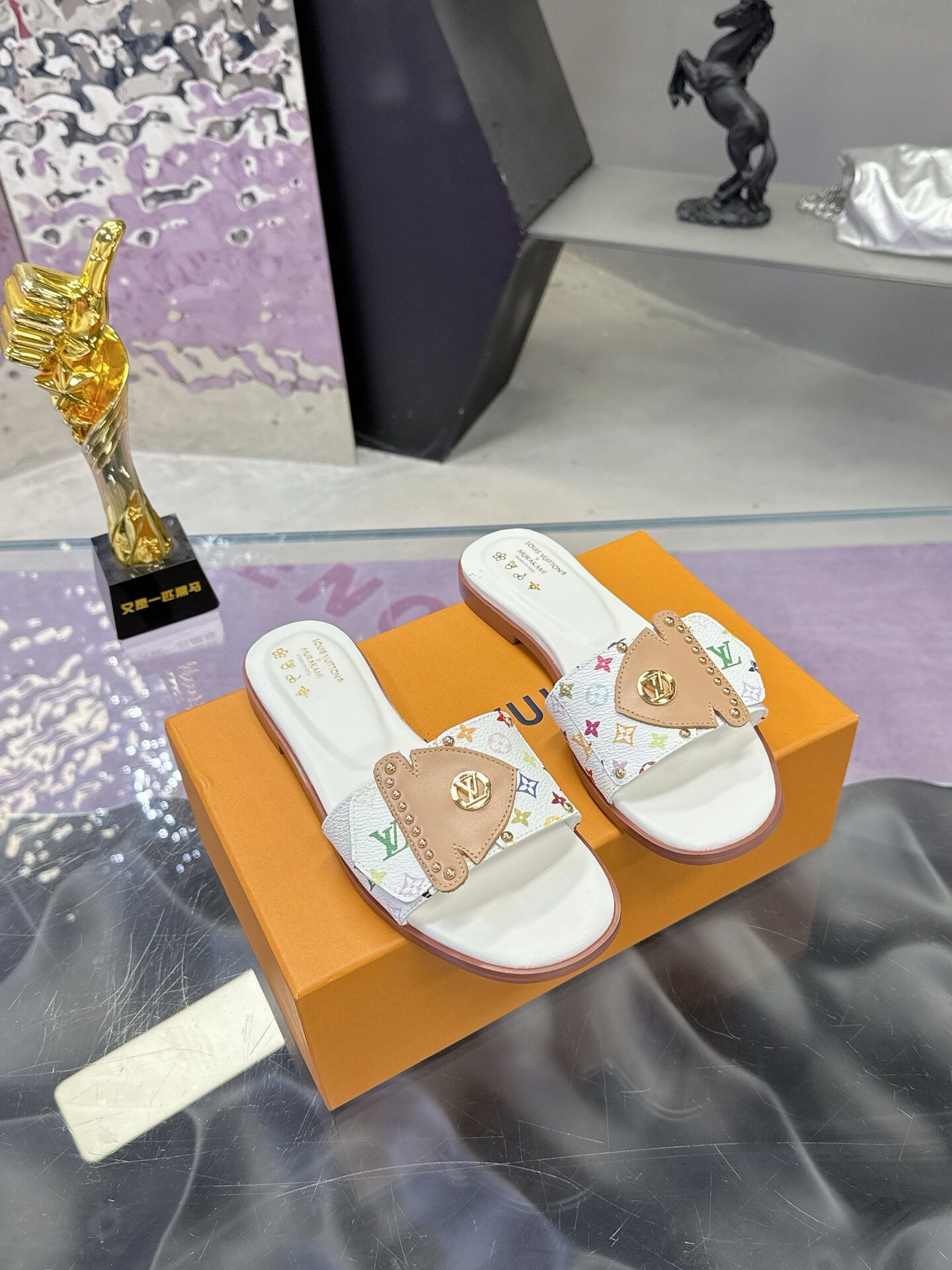 Louis Vuitton White Multicolor Monogram Canvas Leather Buckle Flat Slide Sandals