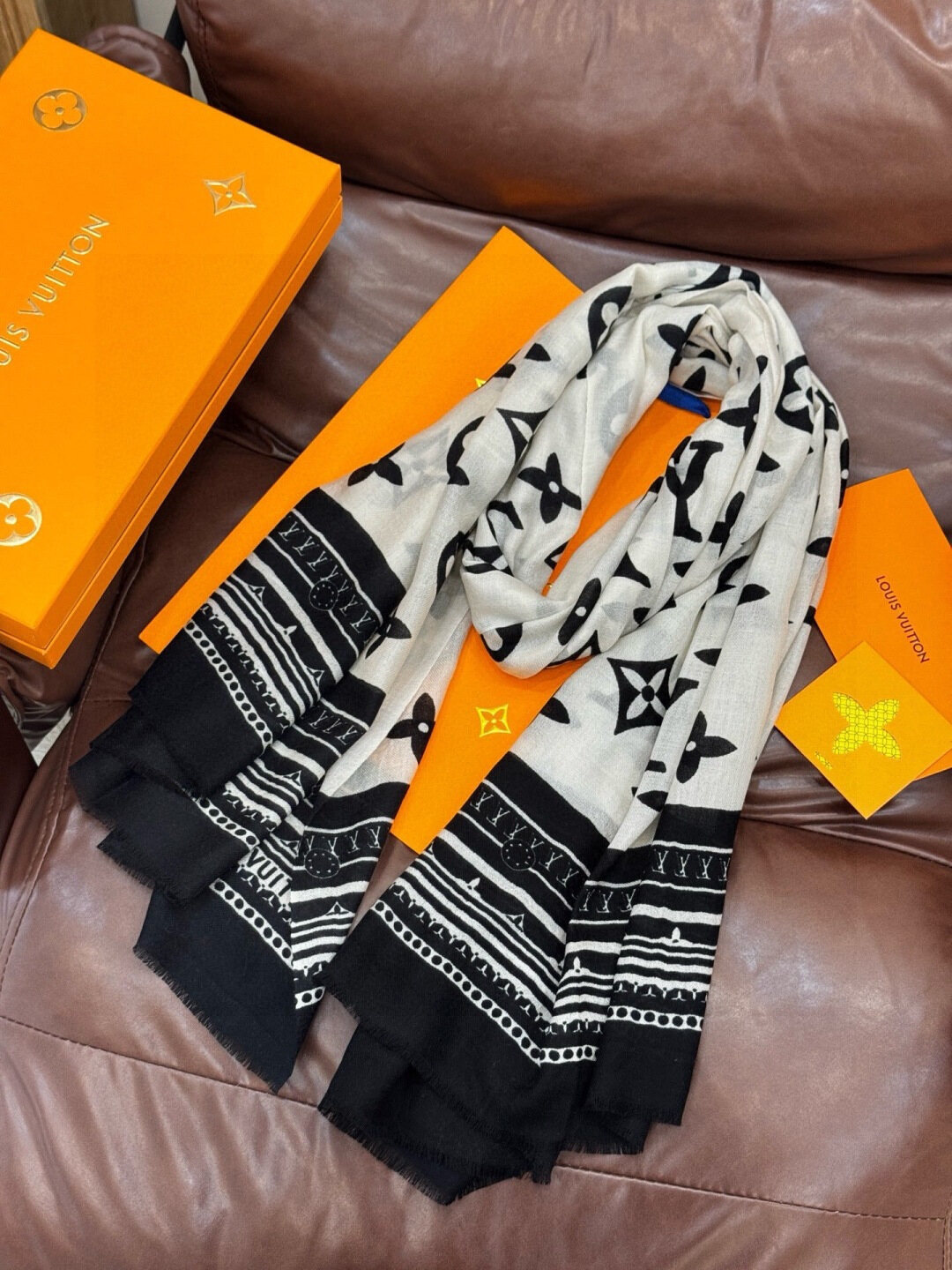 Louis Vuitton LV Black‑White Art Monogram Fringe Scarf