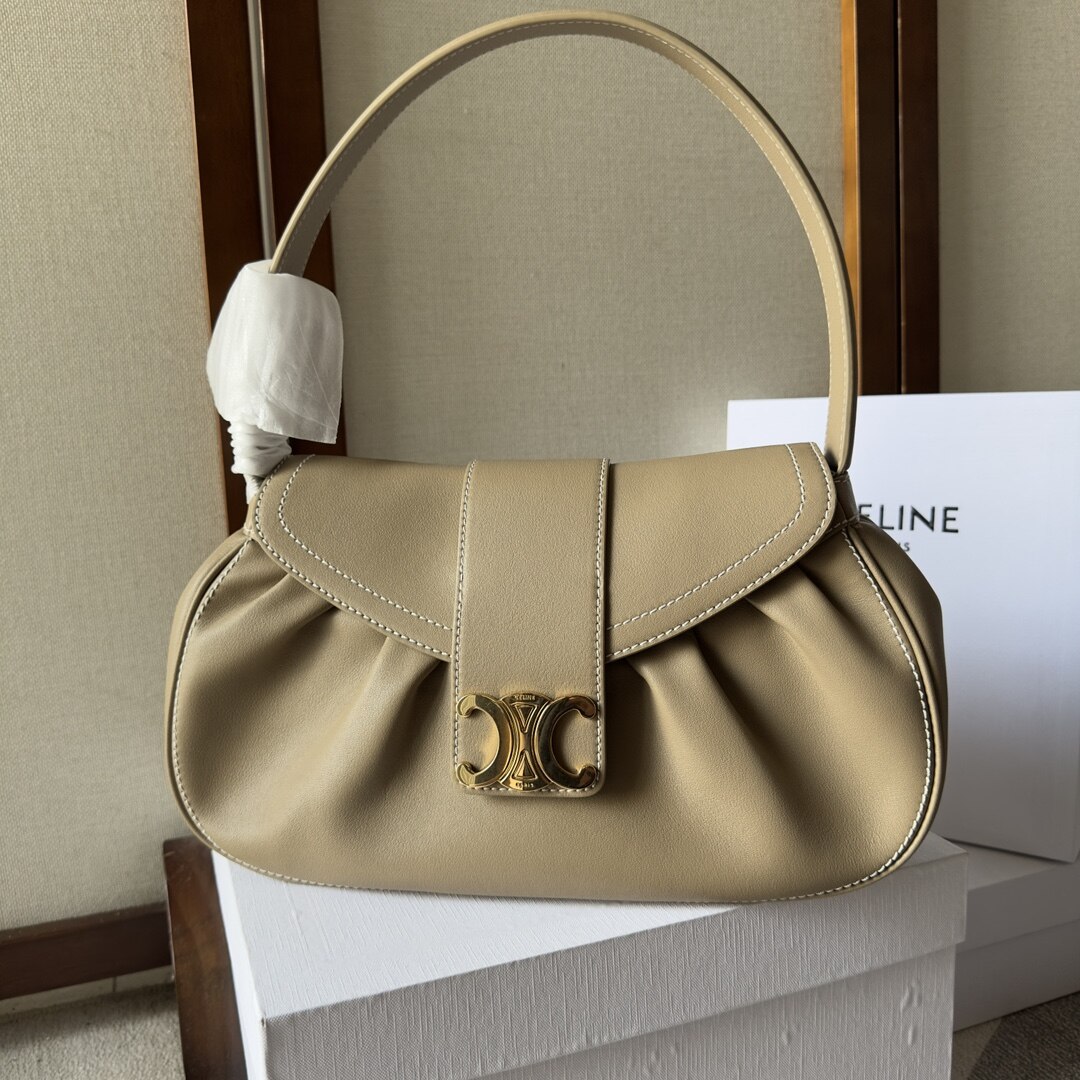 Celine Beige Smooth Ruched Leather Gold Triomphe Shoulder Baguette Bag