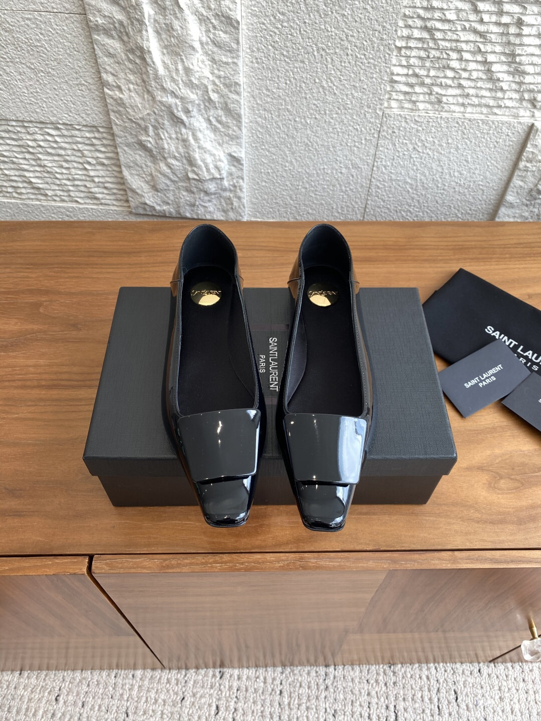 Saint Laurent  Black Gloss Patent Leather Square Toe Strap Flat Slip-On Loafers