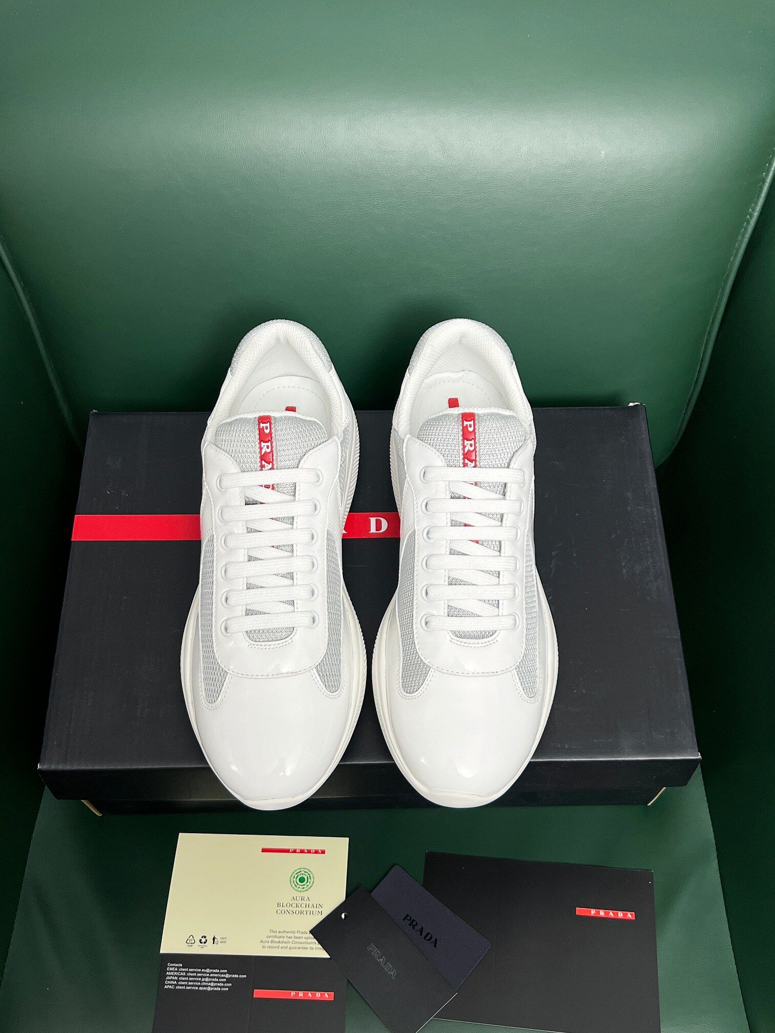 Prada White Patent Mesh Web Logo Platform Lace-Up Casual Sneakers