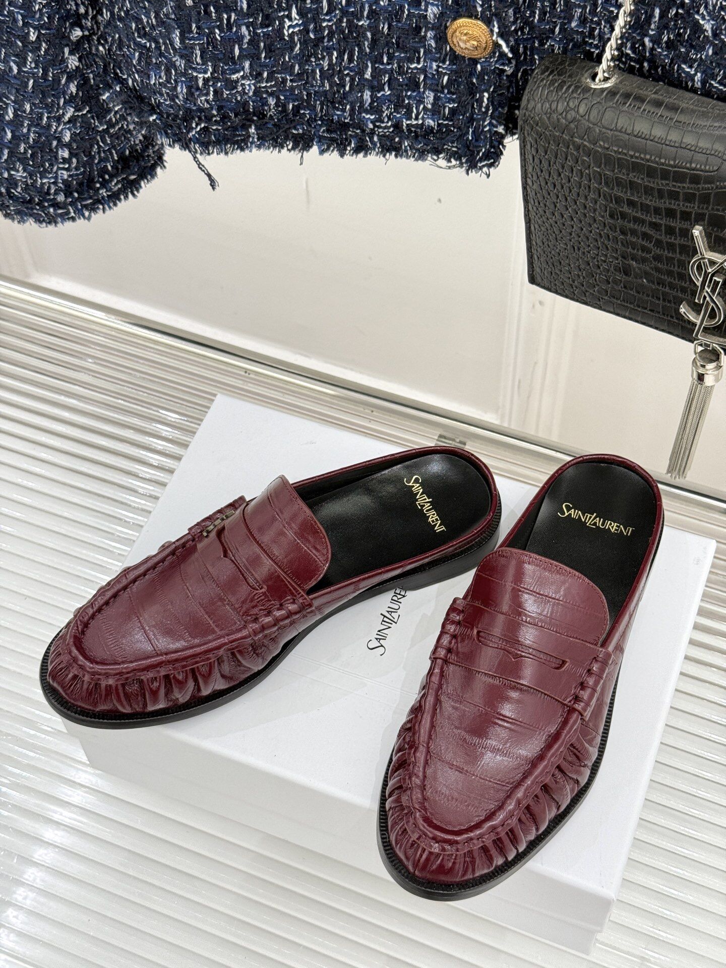 Saint Laurent Burgundy Croc Embossed Ruched Penny Backless Mule Loafers
