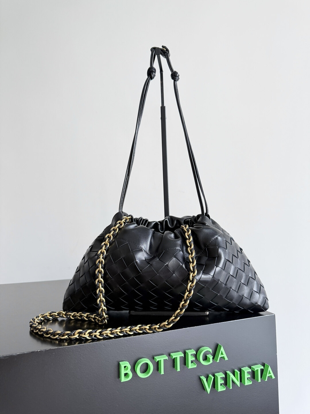 Bottega Veneta Black Intrecciato Woven Chain Drawstring Shoulder Bag