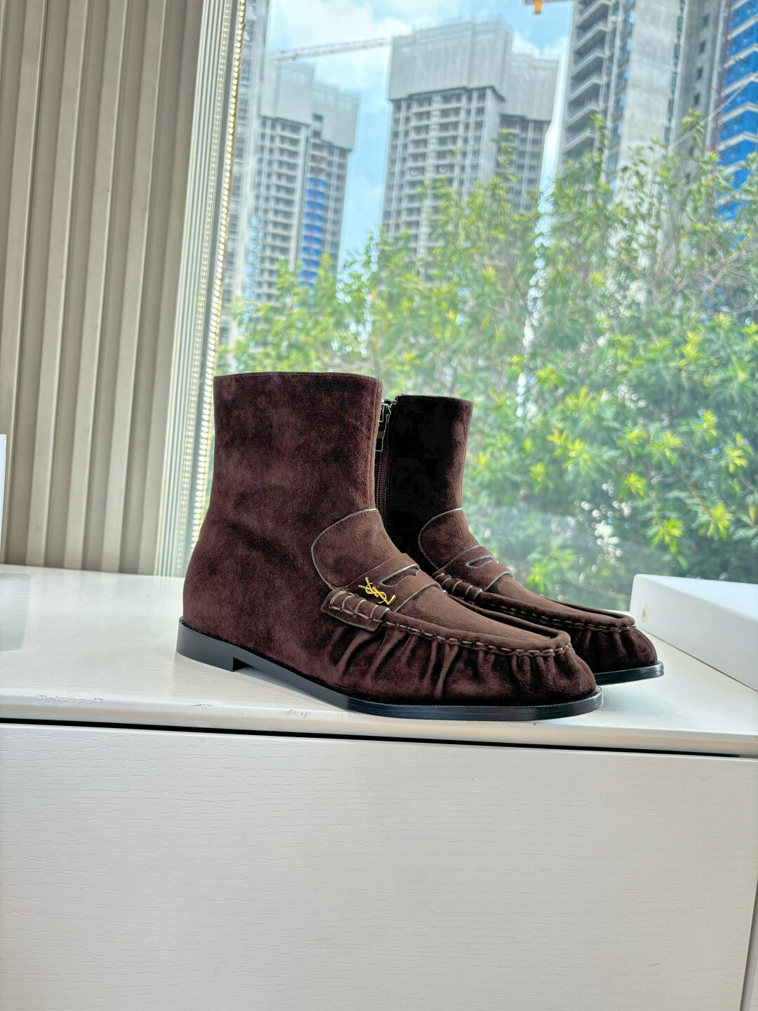 Saint Laurent Dark Brown Suede Gold YSL Logo Ruched Loafer Side Zip Ankle Boots