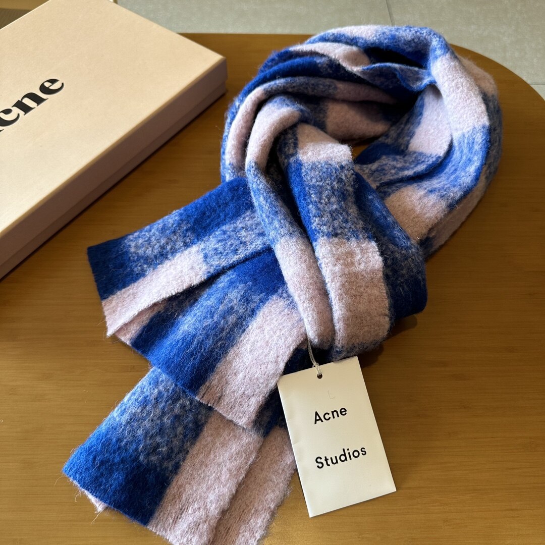 Acne Acne Studios Blue‑Pink Plaid Fringe Scarf