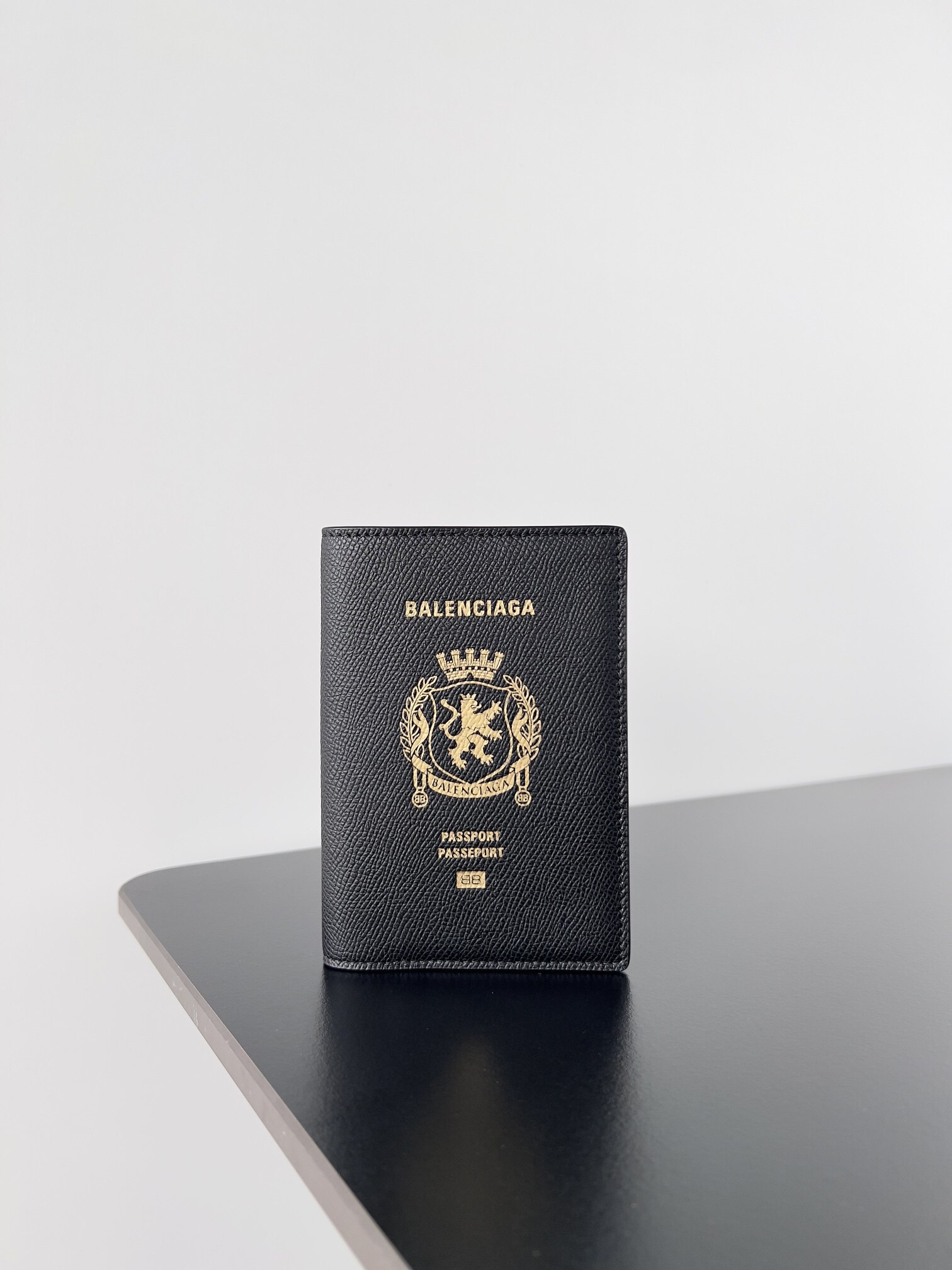 Balenciaga Black Grained Leather Gold Crest Passport Holder Card Wallet