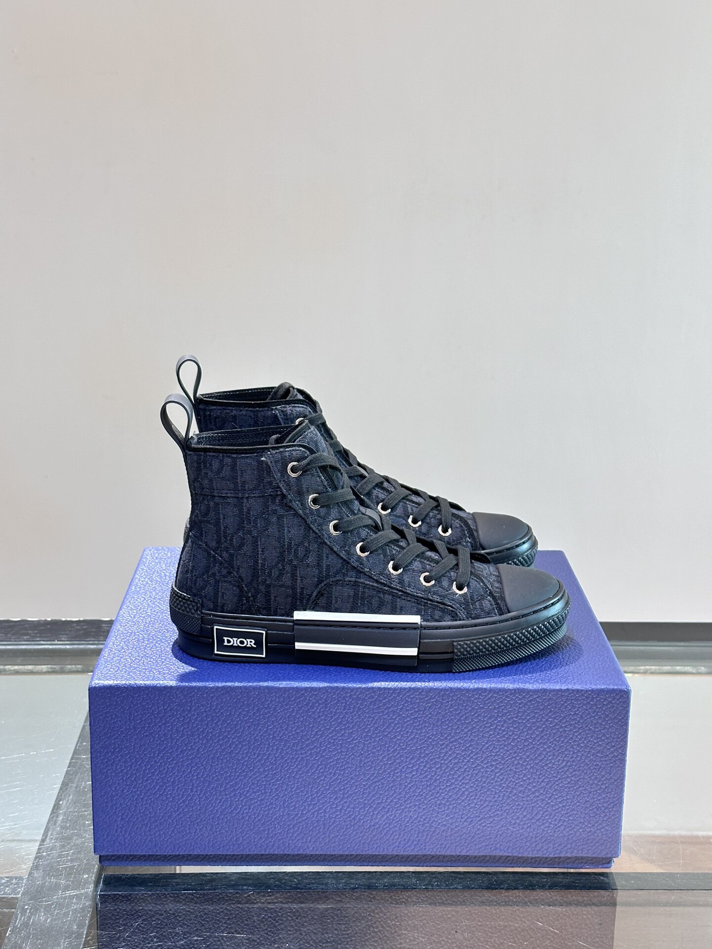 Dior  Black Oblique Monogram Canvas Black White Stripe Platform High Top Sneakers