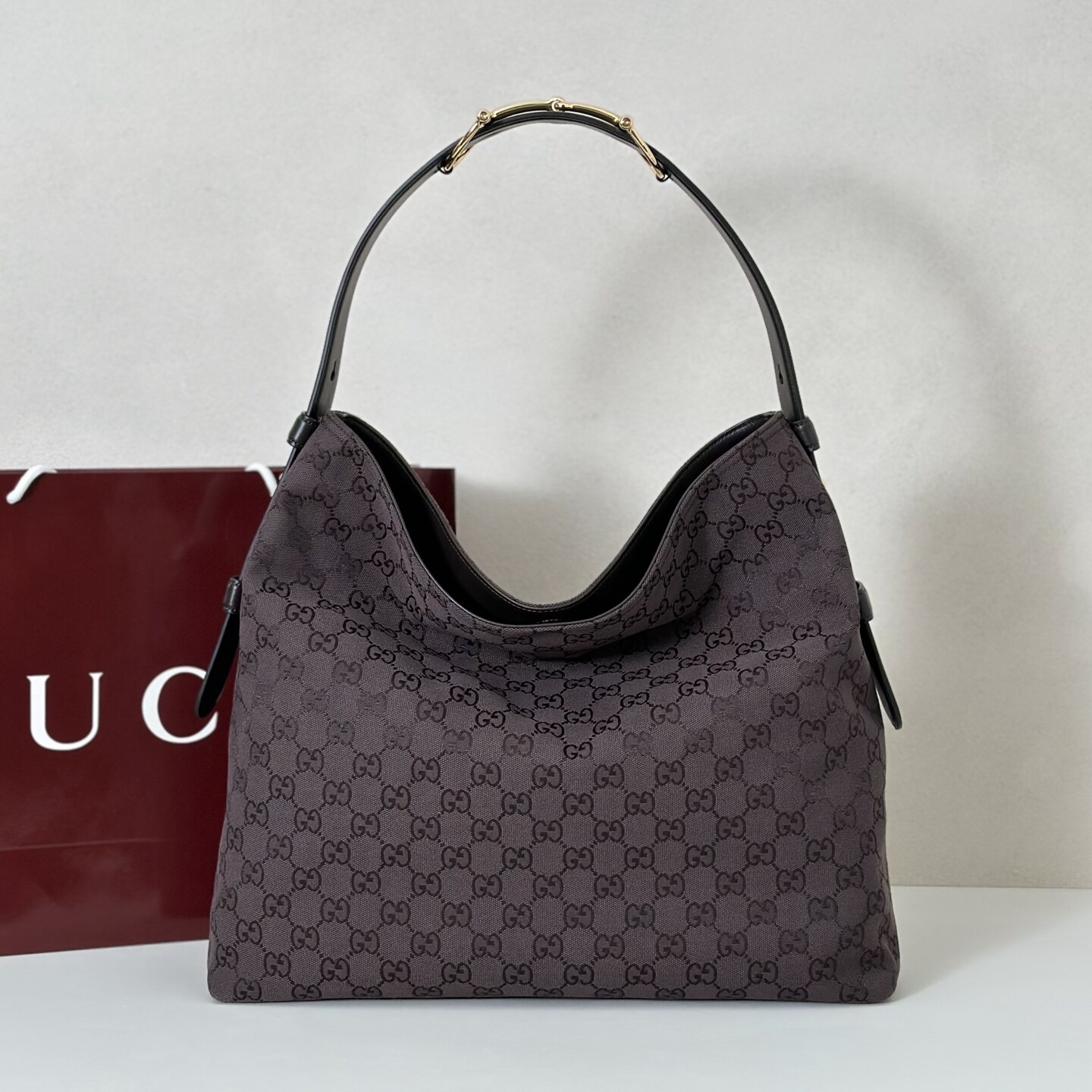 Gucci Gucci Dark Grey GG Canvas Metal Bar Hobo Tote