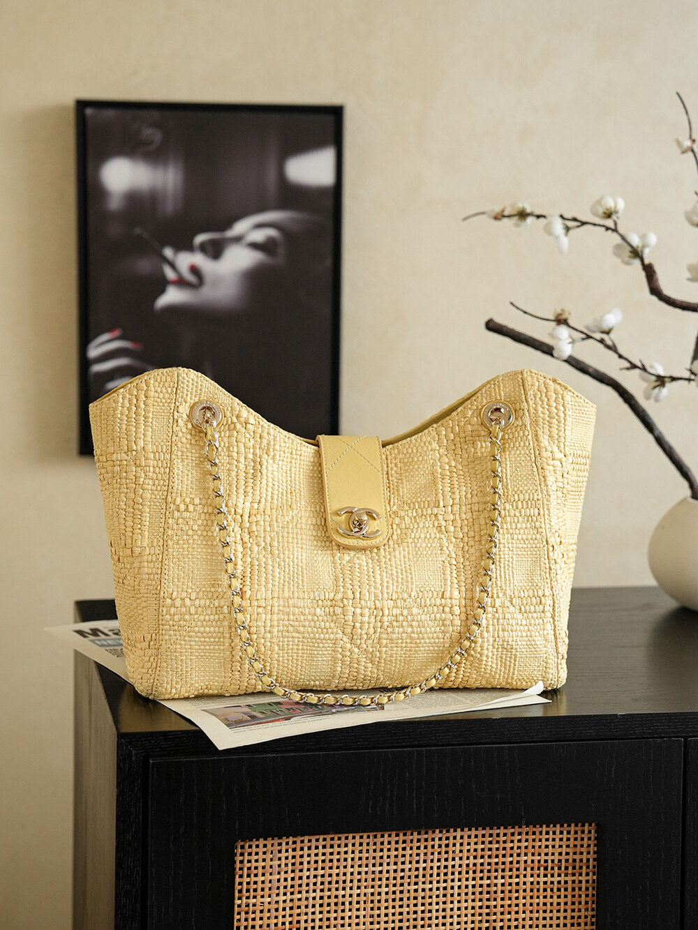 Chanel Chanel Yellow Raffia Woven CC Turnlock Tote Bag