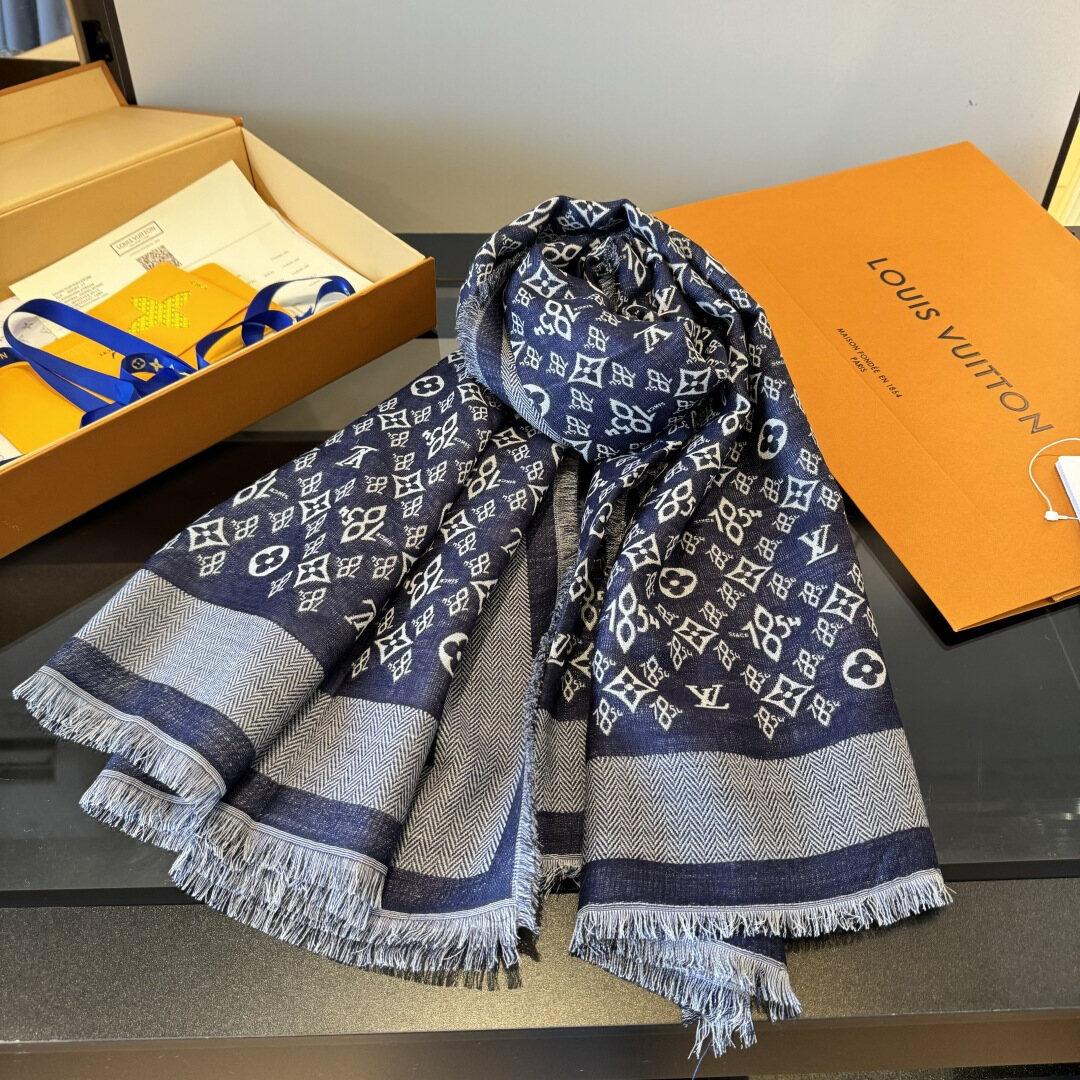 Louis Vuitton LV Dark Blue 1854 Monogram Fringe Scarf