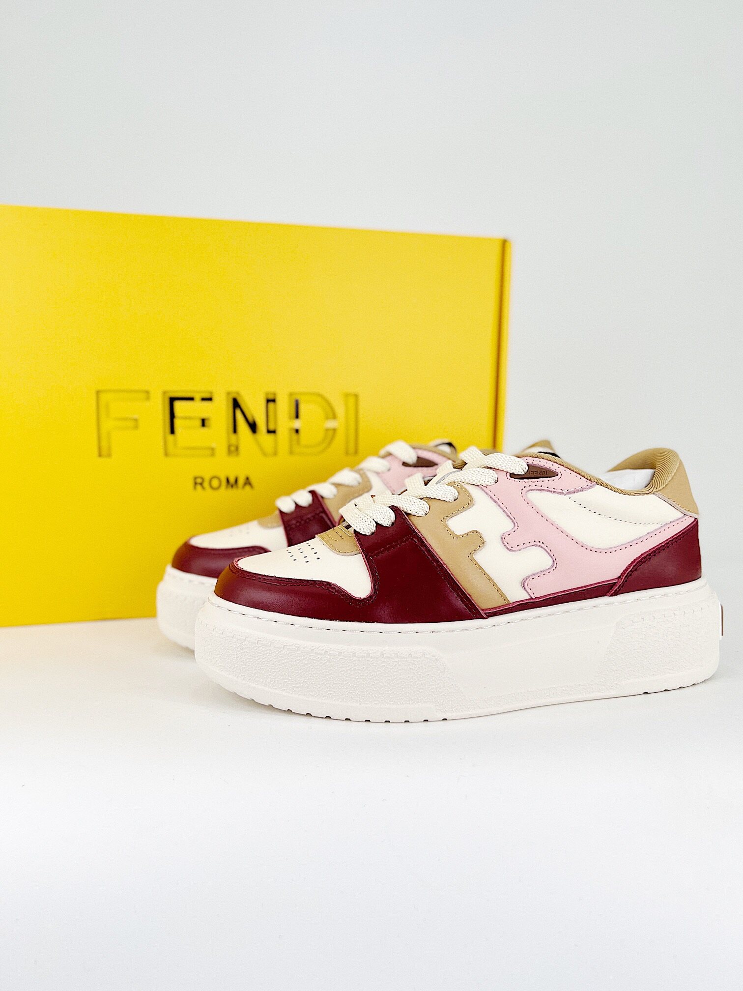 Fendi Pink Burgundy Color Block Leather 3D FF Logo Platform Lace-Up Women Sneakers