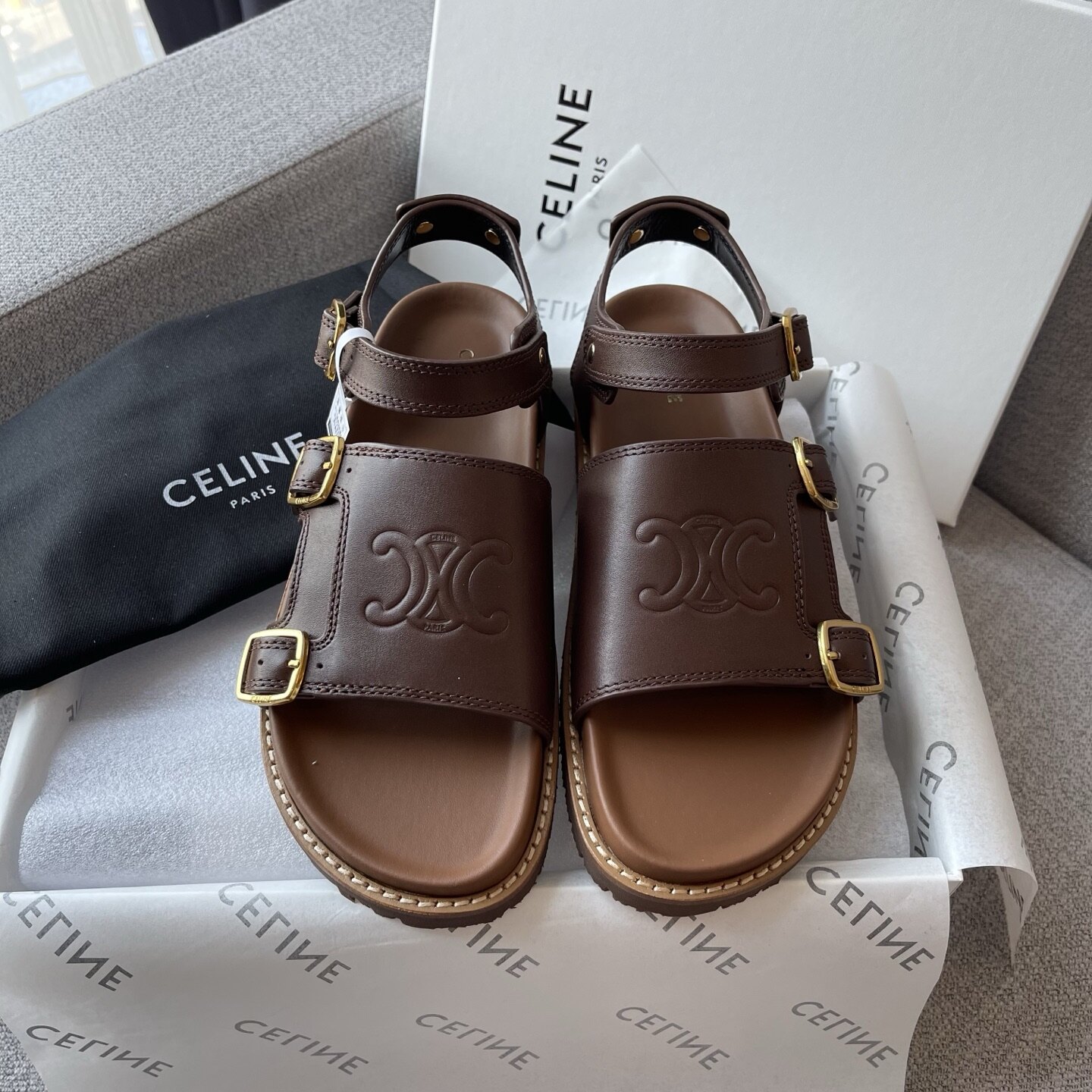 Celine  Dark Brown Leather Triomphe Embossed Double Buckle Platform Ankle Strap Sandals