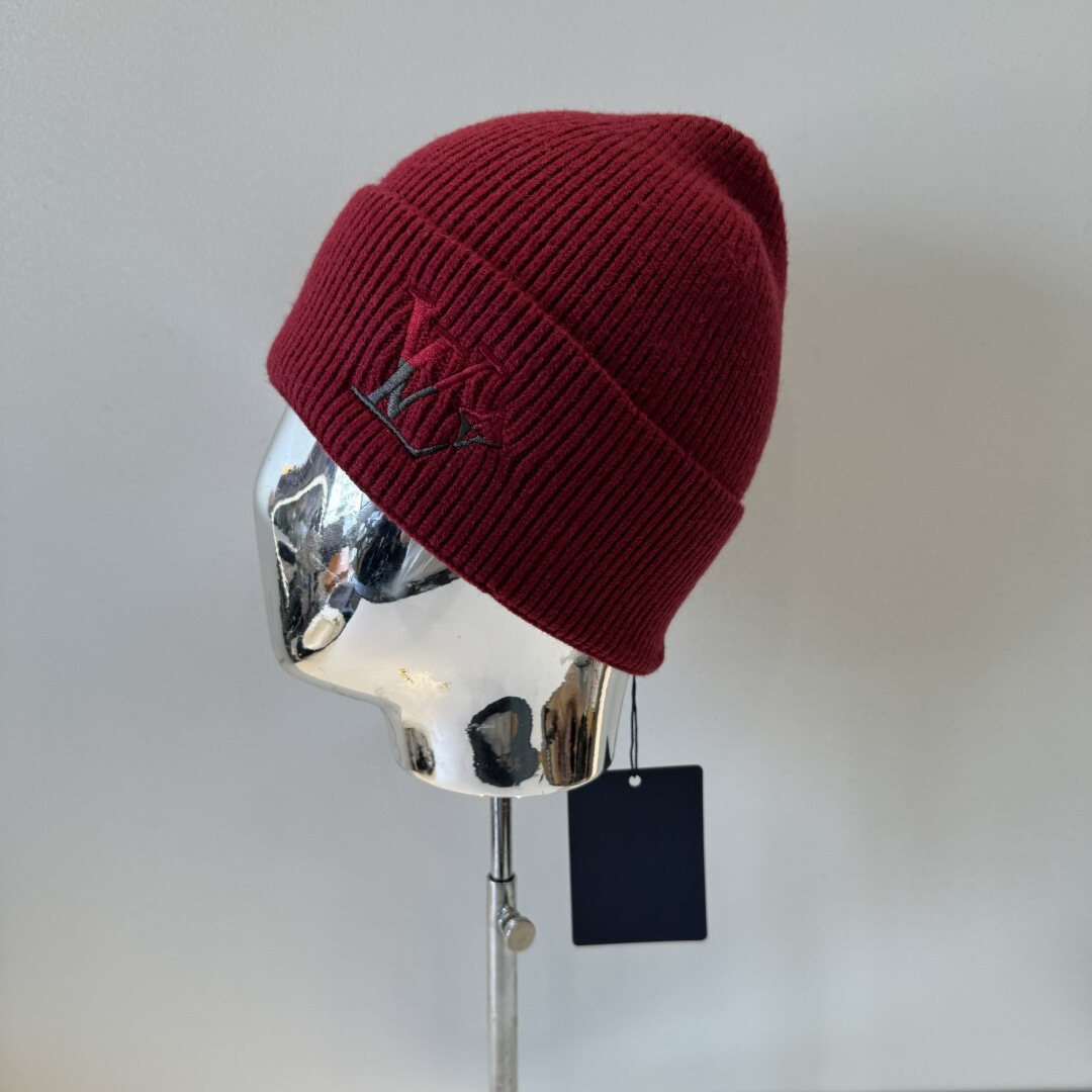 Louis Vuitton LV Burgundy Embroidered Cuffed Knit Beanie