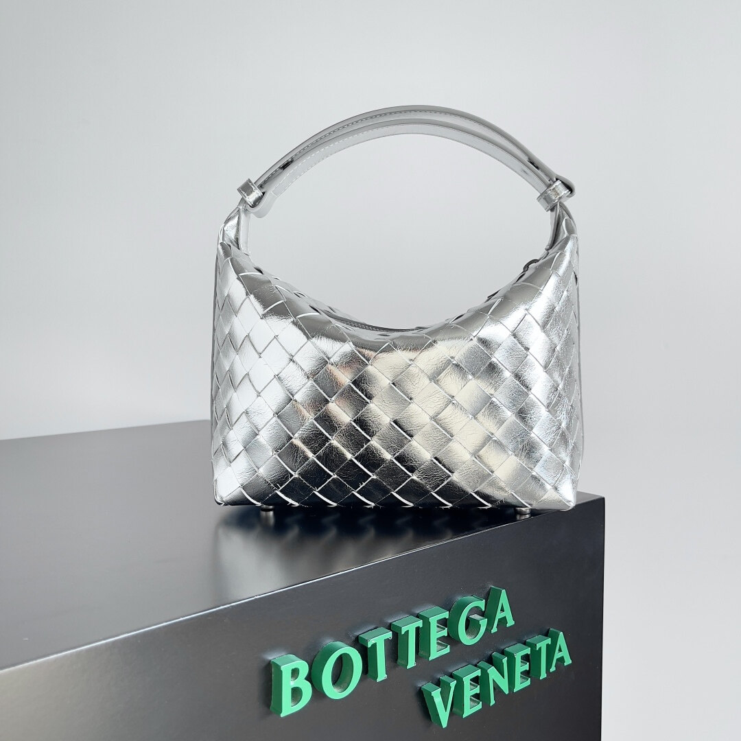 Bottega Veneta Silver Metallic Intrecciato Woven Mini Hand Hobo Shoulder Bag
