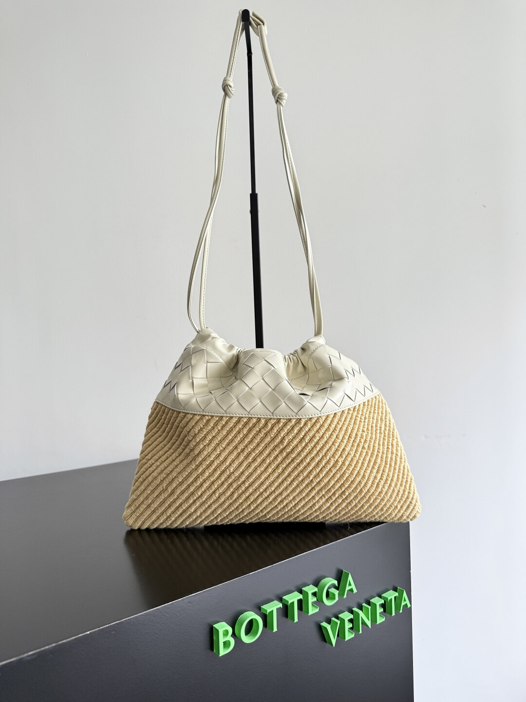 Bottega Veneta Off White Leather & Raffia Woven Drawstring Cloud Tote Bag