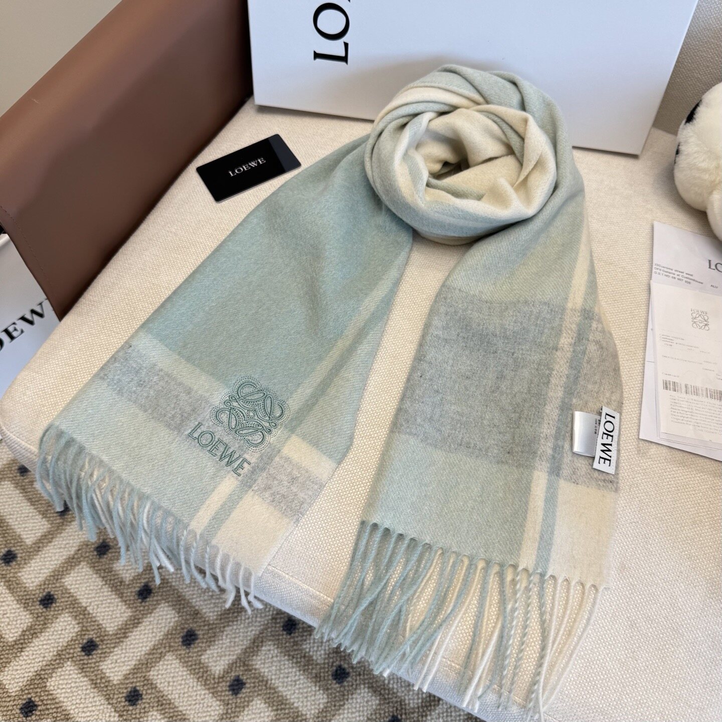 Loewe Loewe Light‑Green Plaid Anagram‑Embroidered Tassel Scarf