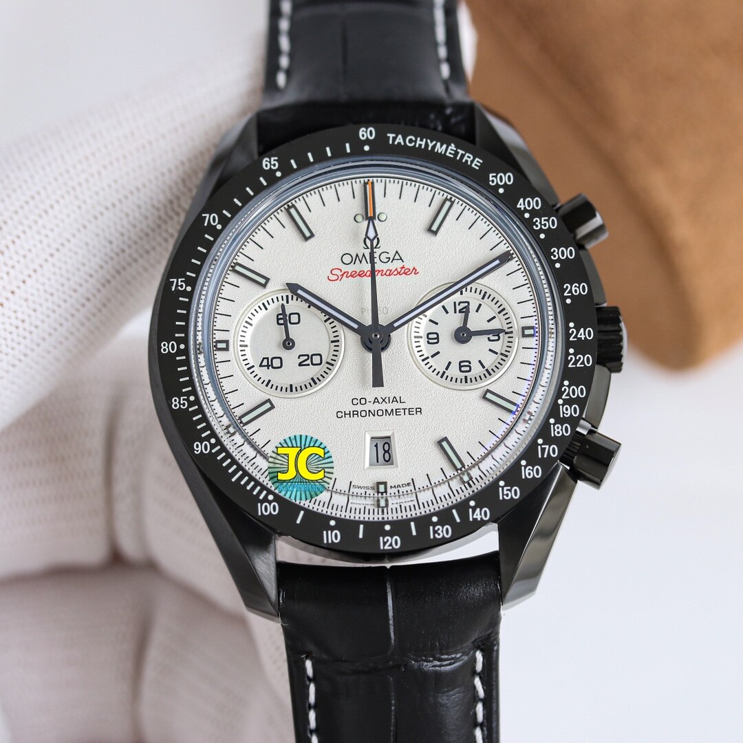 Omega Omega Speedmaster Black Coated Case White Dial Alligator Strap Chronograph Men's Watch
