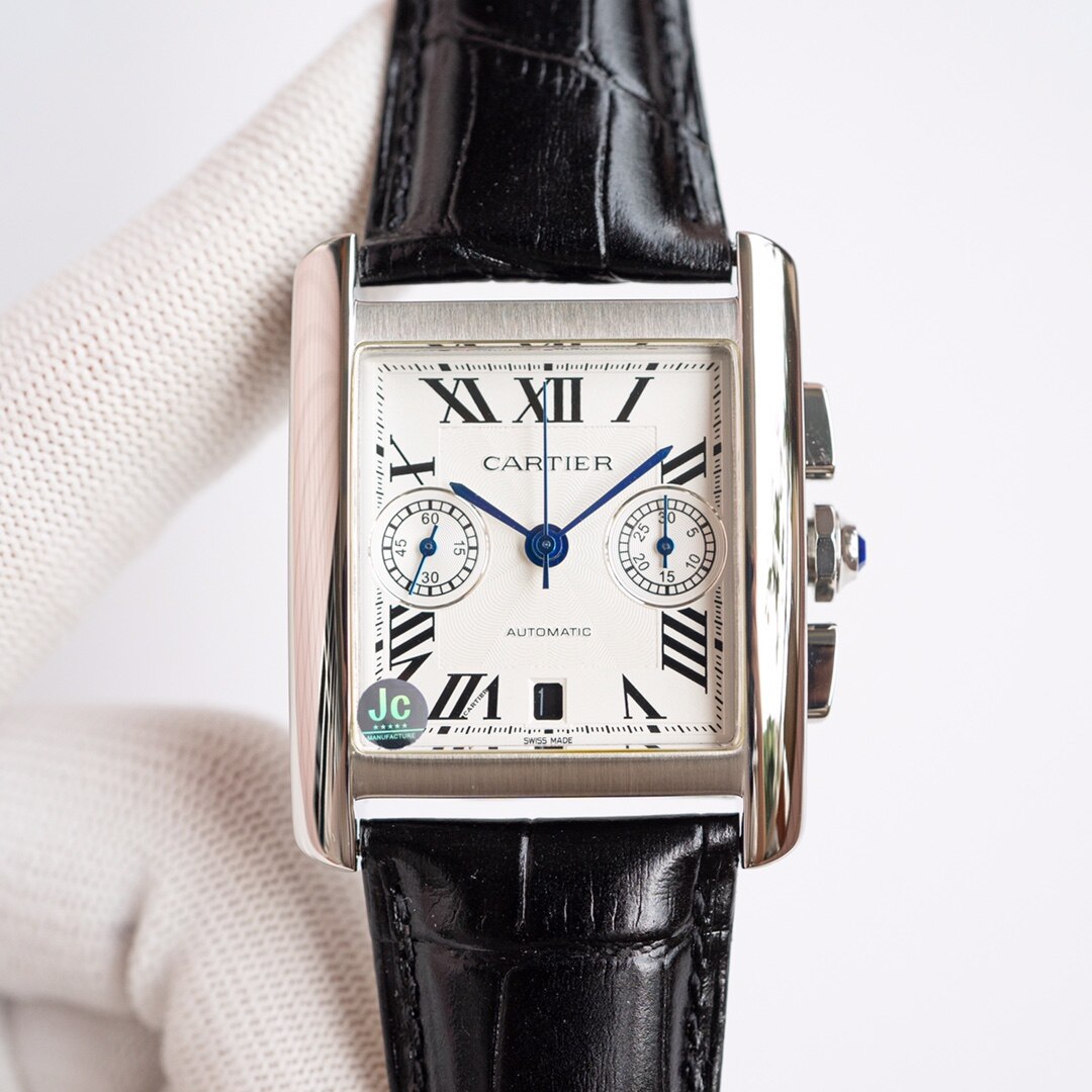Cartier Cartier Tank Chronograph Steel Roman Numeral Black Alligator Leather Automatic Watch