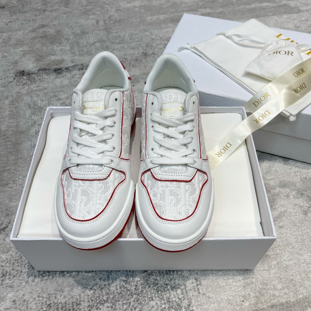 Dior White Red Contrast Oblique Embossed Leather Low-Top Lace-Up Casual Sneakers