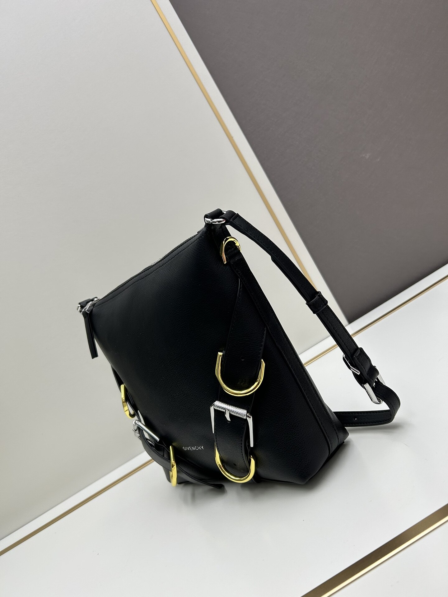 Givenchy Black Grained Leather Voyou Buckle Strap Crossbody Messenger Bag