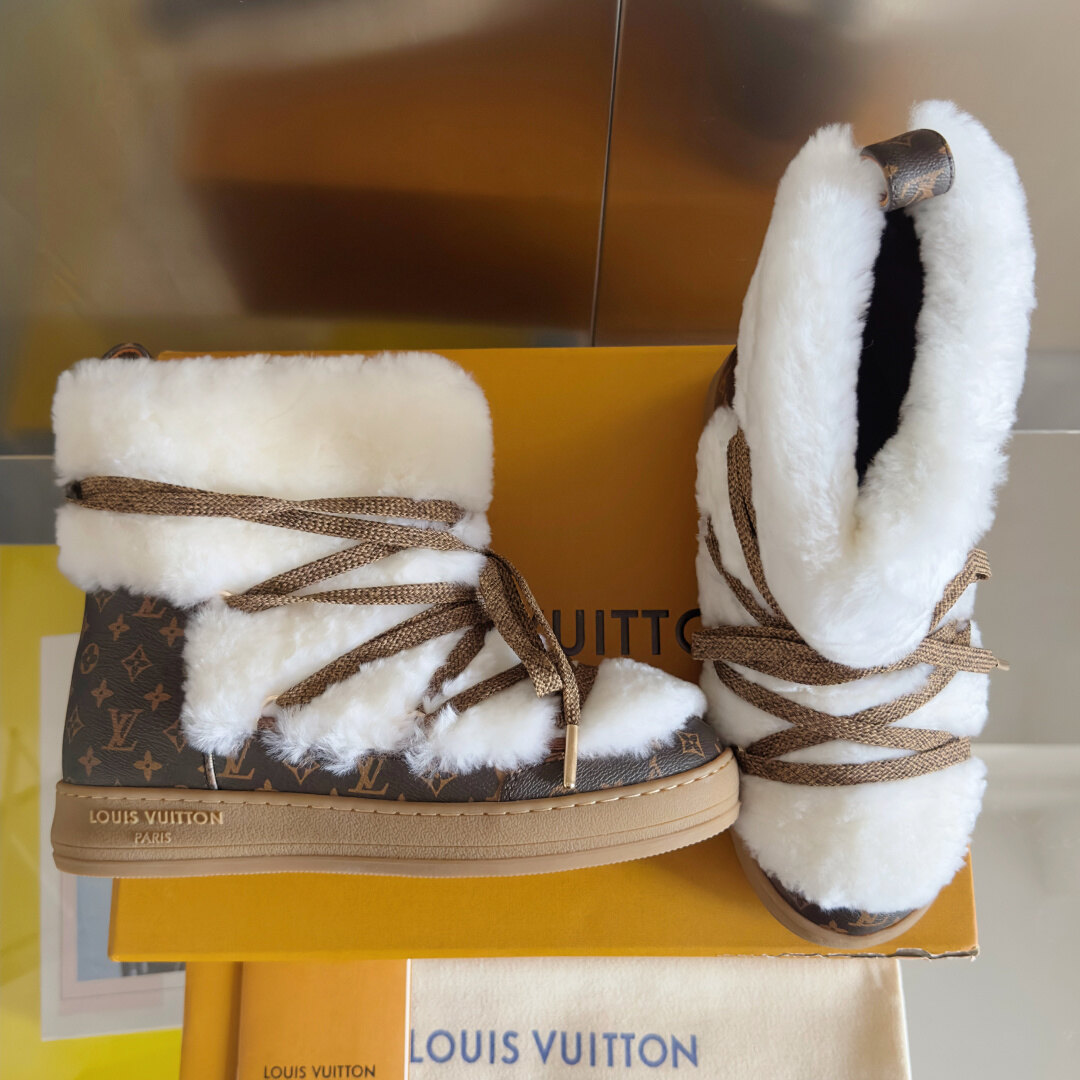  Louis Vuitton Monogram Canvas Wool Lined Lace-Up Warm Winter Ankle Boots