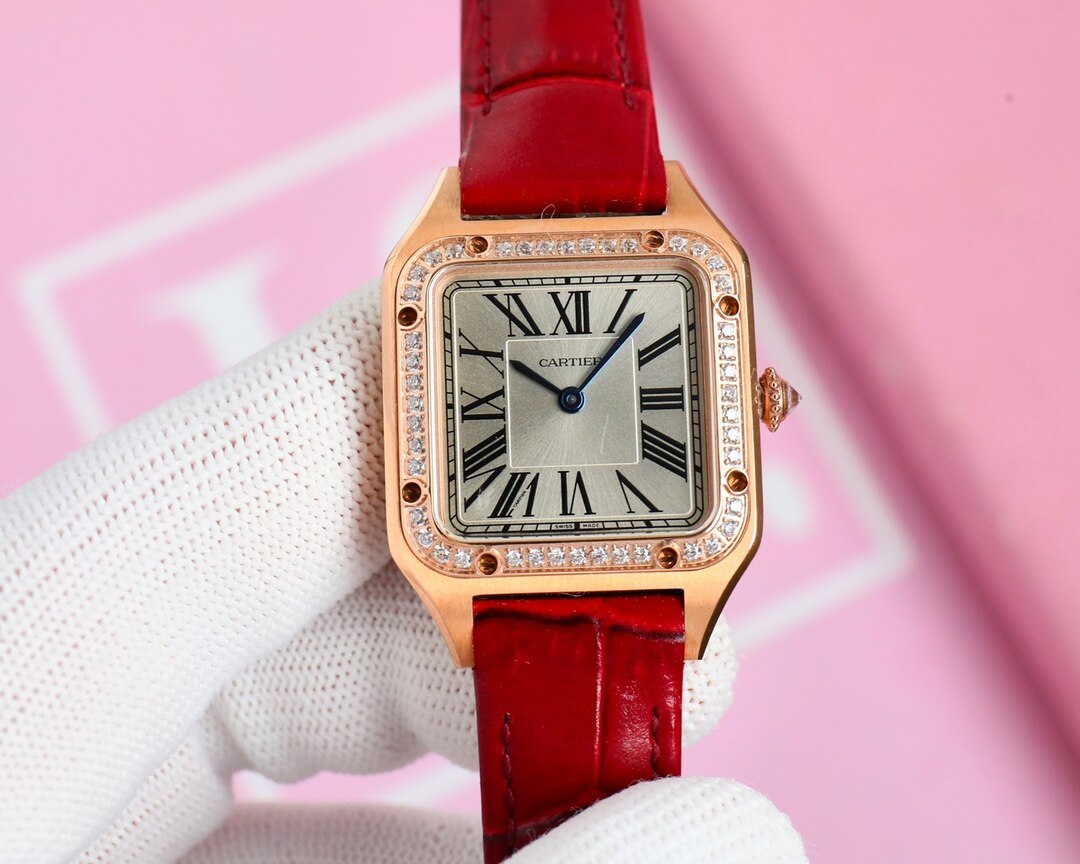 Cartier Cartier Santos Rose Gold Diamond Bezel Red Alligator Leather Quartz Ladies Watch