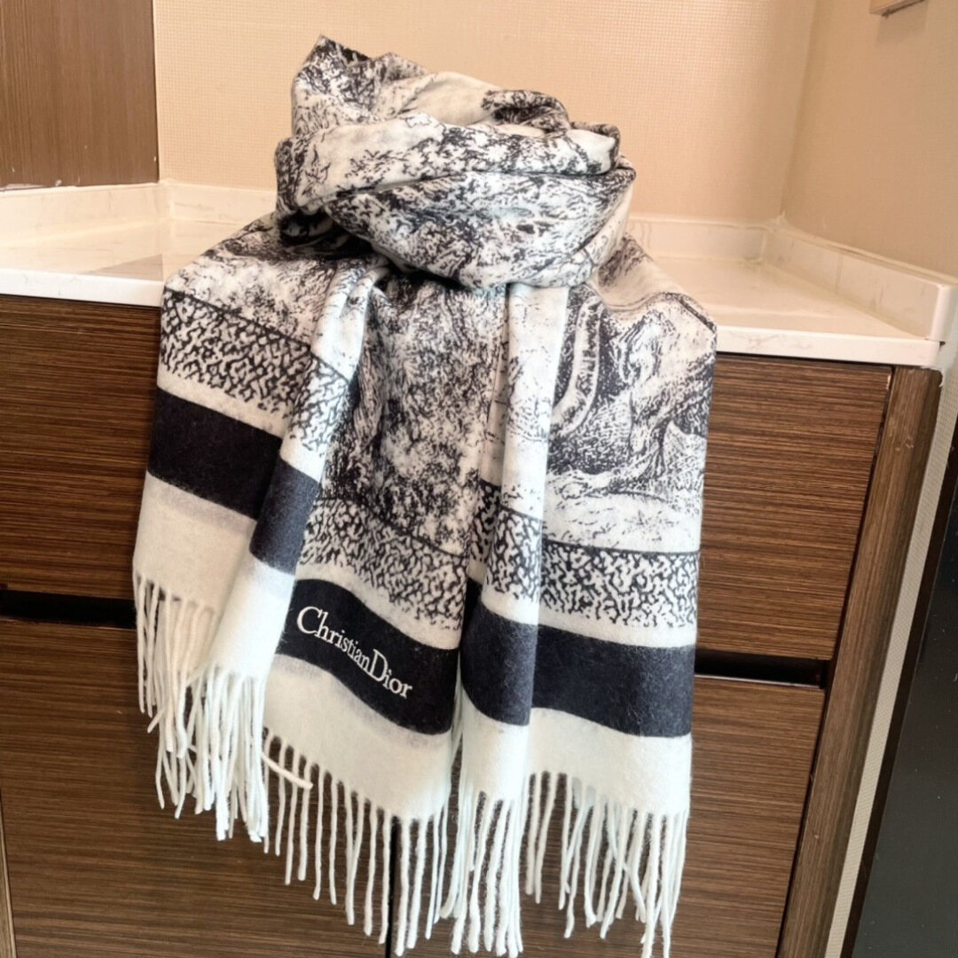 Dior Dior Black‑White Animal Landscape Tassel Scarf