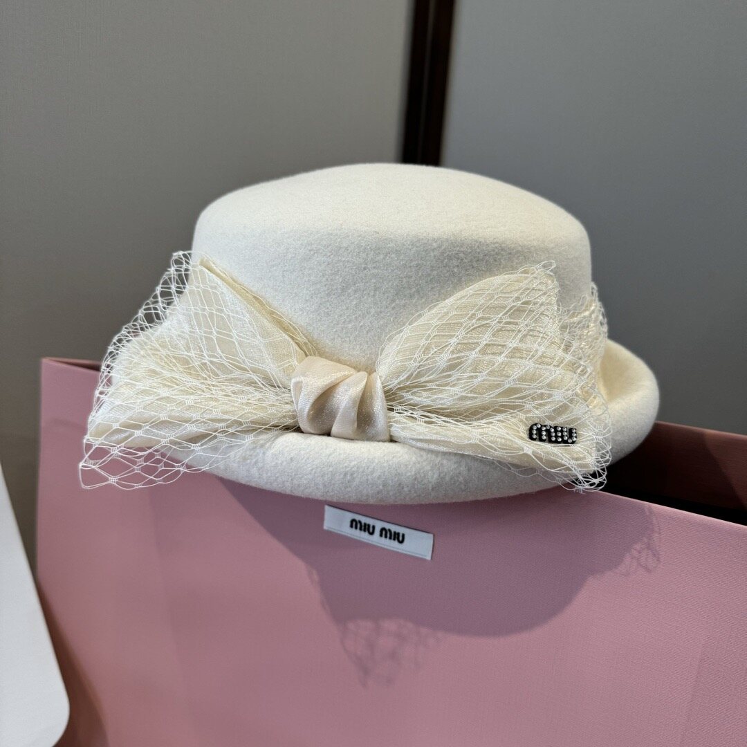Miu Miu Miu Miu Off‑White Wool Tulle Bow Roll‑Brim Hat