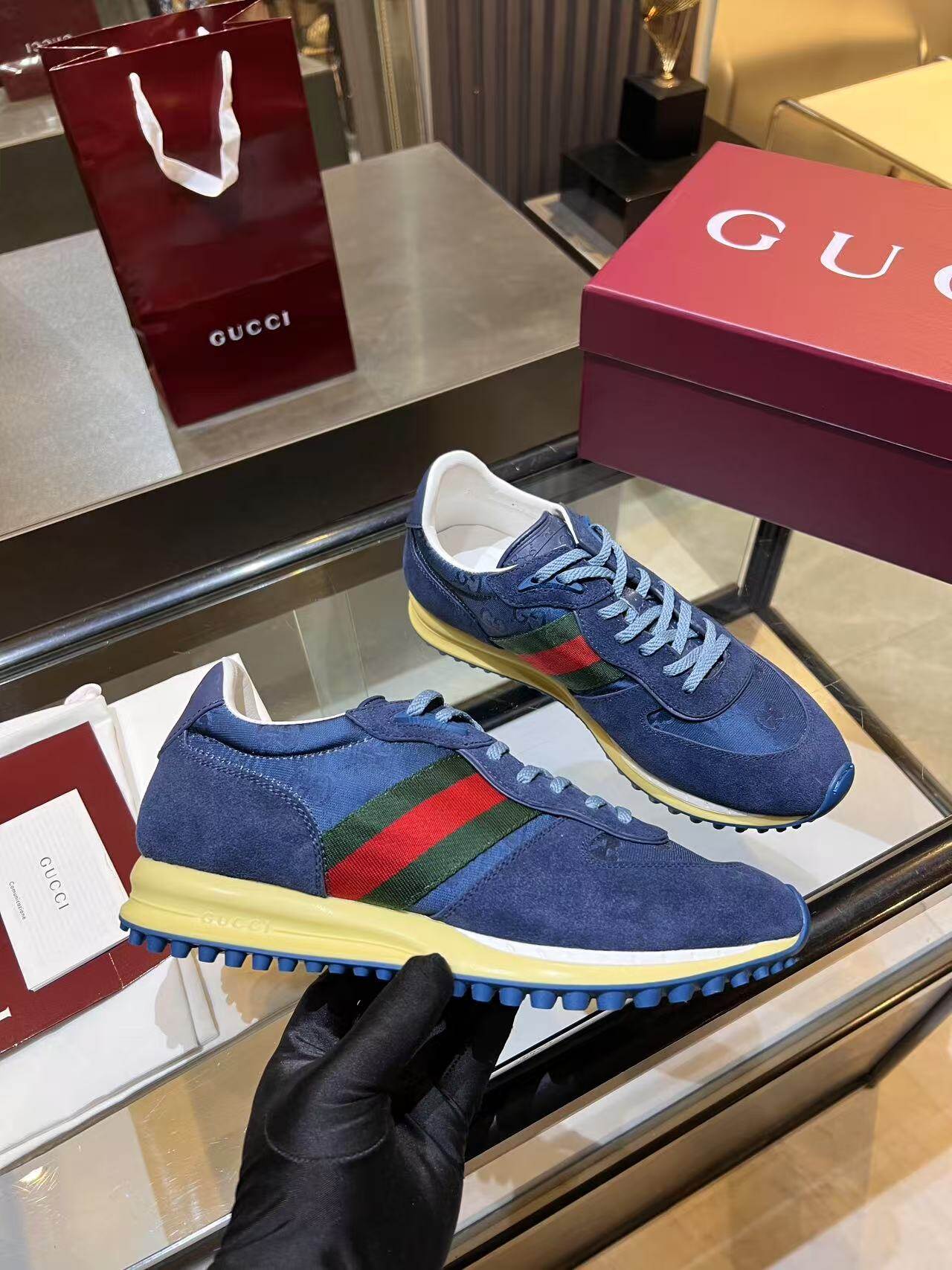 Gucci Blue Suede GG Jacquard Web Stripe Retro Low Top Sneakers