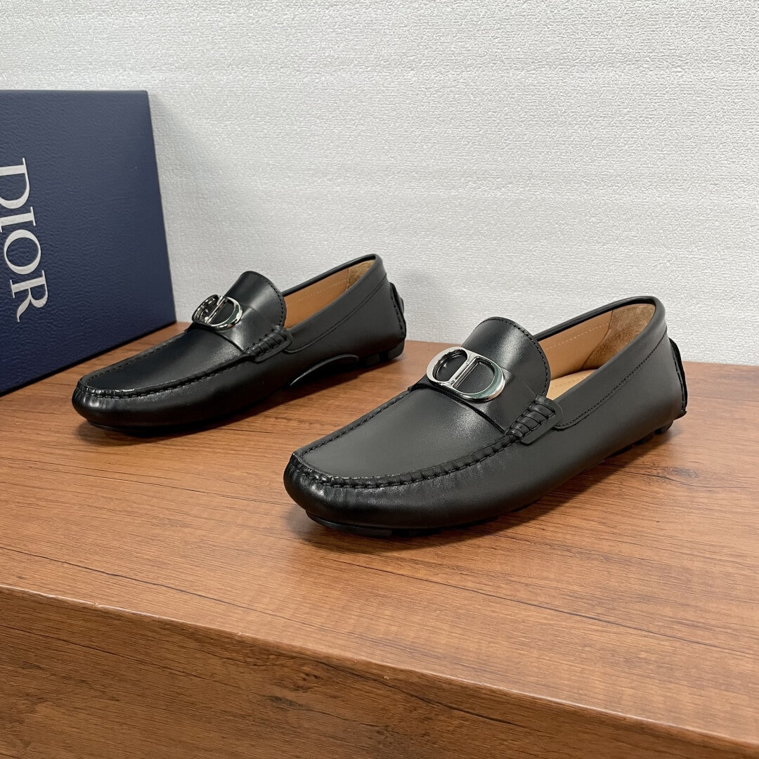 Dior  Black Smooth Leather CD Metal Logo Slip-On Driving Loafers