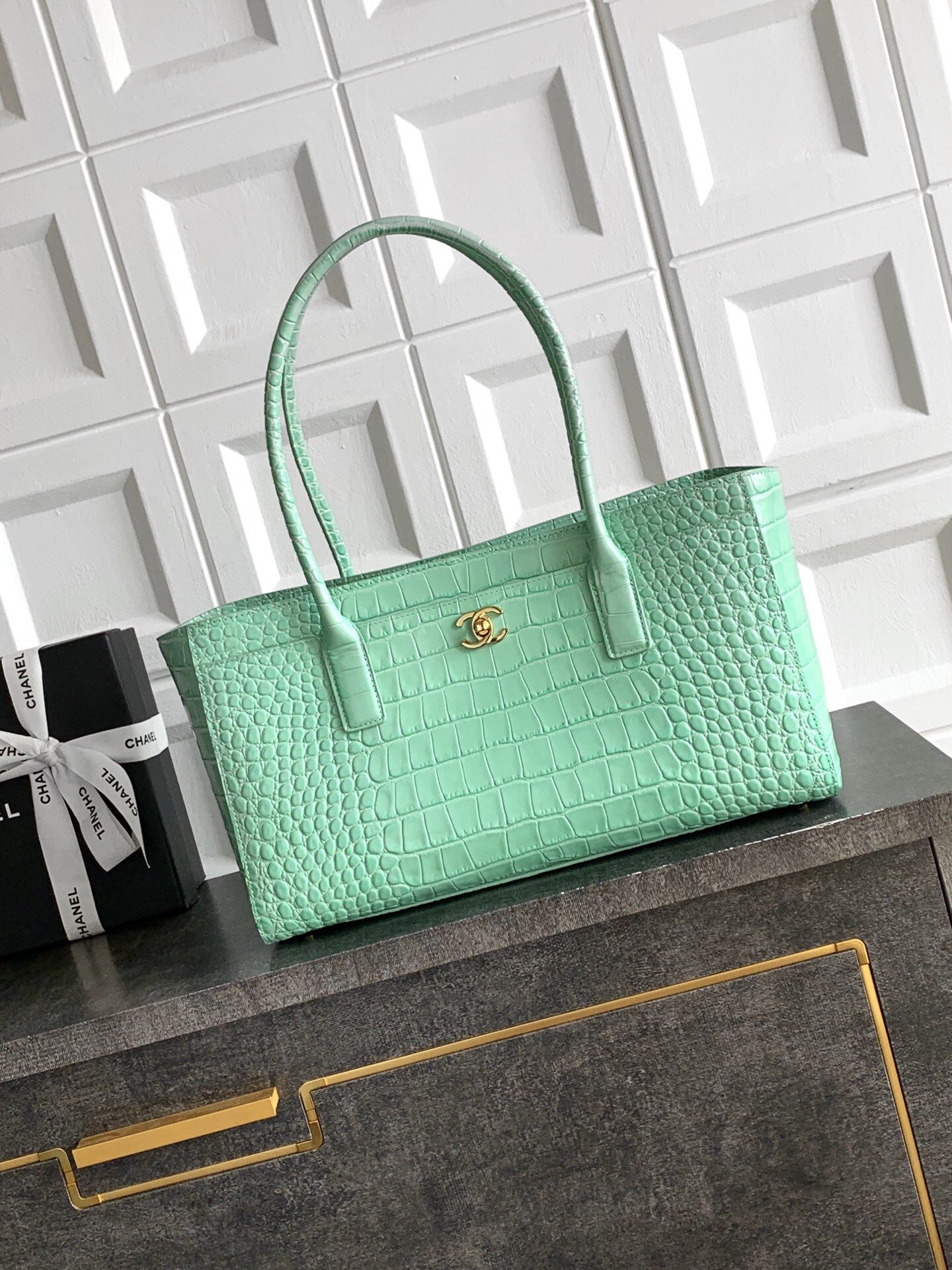 Chanel Chanel Mint Green Croc-Embossed CC Turnlock Tote Bag