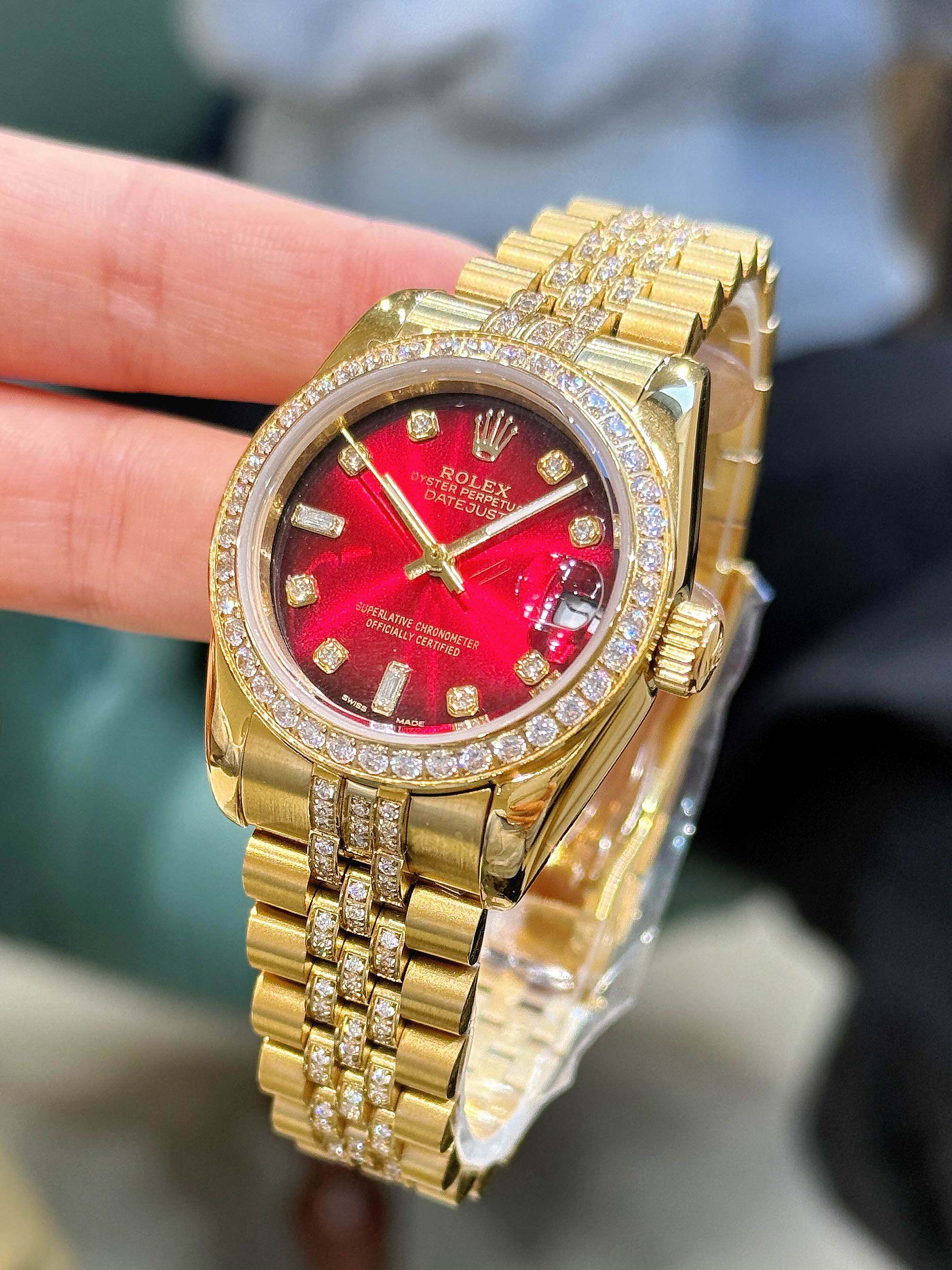 Rolex Rolex Datejust 18K Yellow Gold Diamond Bezel Red Dial Diamond Markers Paved Jubilee Bracelet Ladies