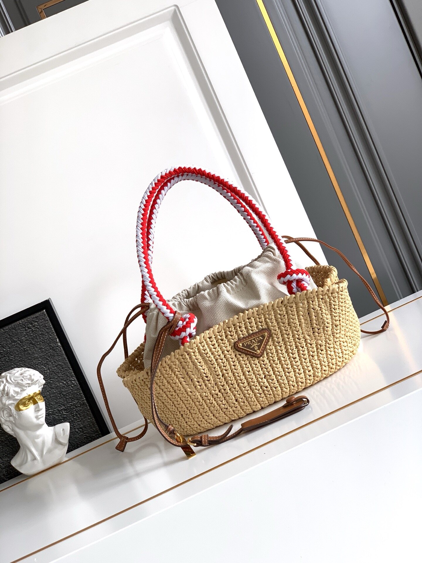 Prada Prada Raffia Woven Tote Bag Red White Handle Summer Beach Bag