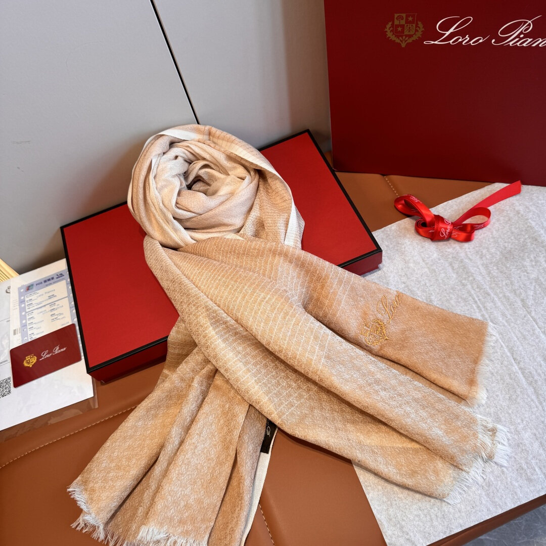 Loro Piana Loro Piana Light Brown Check Embroidered Logo Cashmere Scarf