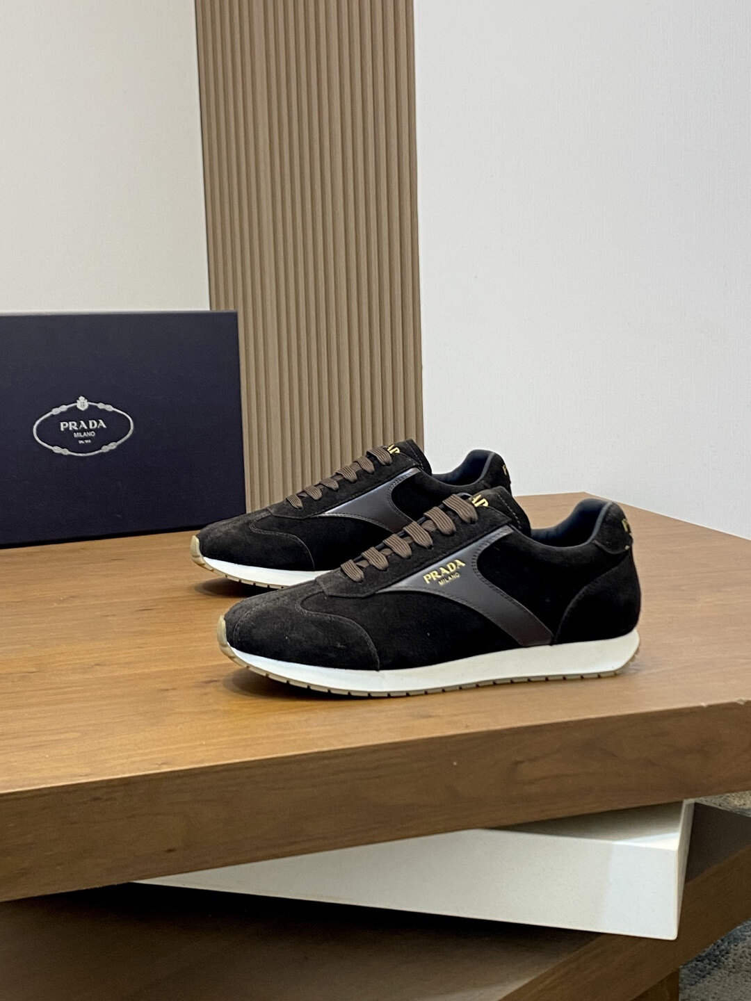 Prada Dark Brown Suede Gold Logo Vintage Low Top Trainer Sneakers
