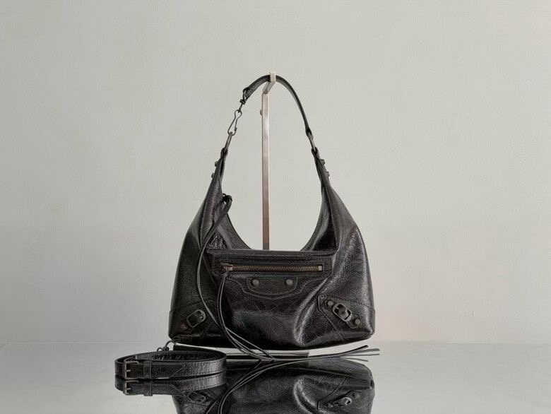 Balenciaga Black Cracked Distressed Leather Motocross Hobo Shoulder & Crossbody Bag