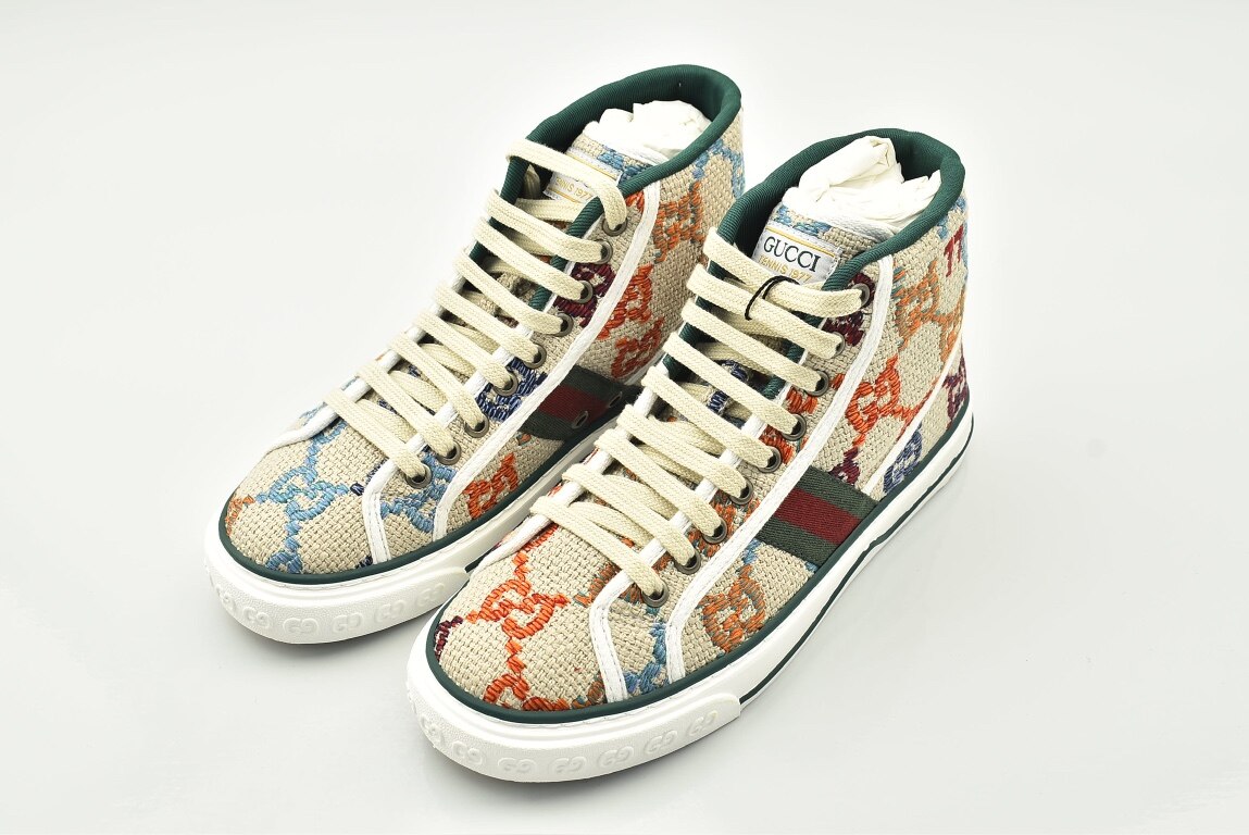  Gucci Beige Multicolor Embroidered GG Web Stripe Vintage High Top Canvas Sneakers