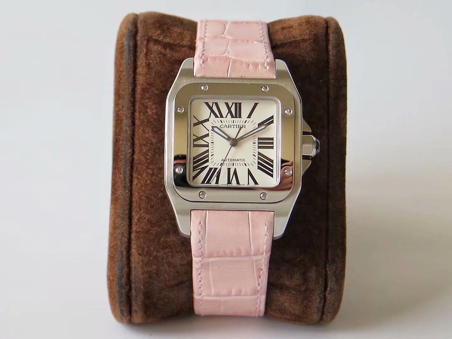 Cartier Cartier Santos Steel White Dial Pink Alligator Leather Automatic Watch