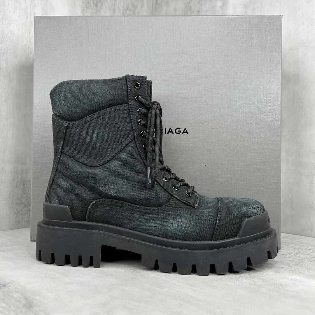 Balenciaga Charcoal Distressed Canvas High Top Chunky Lace Up Combat Boots