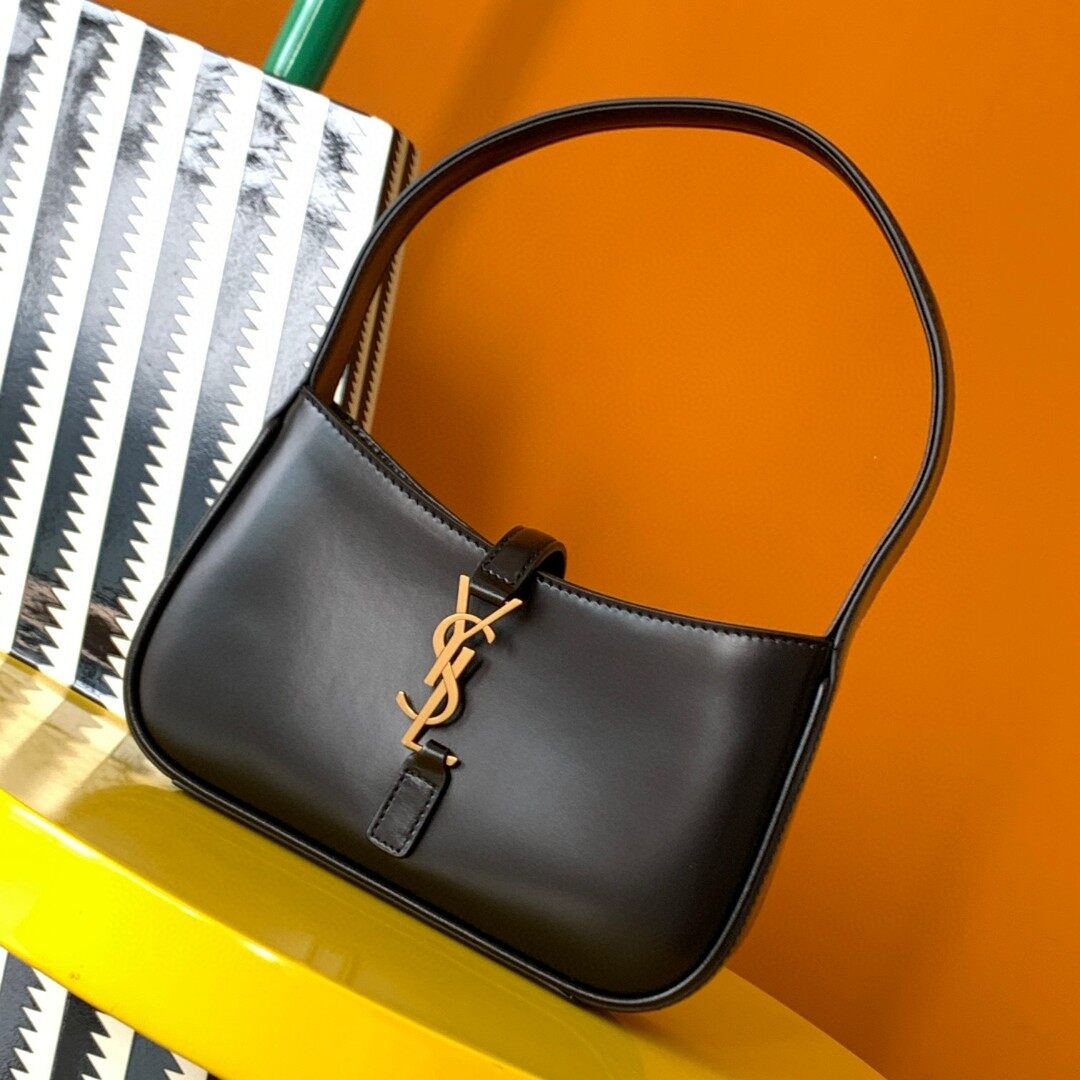 Saint Laurent Saint Laurent Black Smooth Leather Gold Logo Mini Hobo Underarm Bag