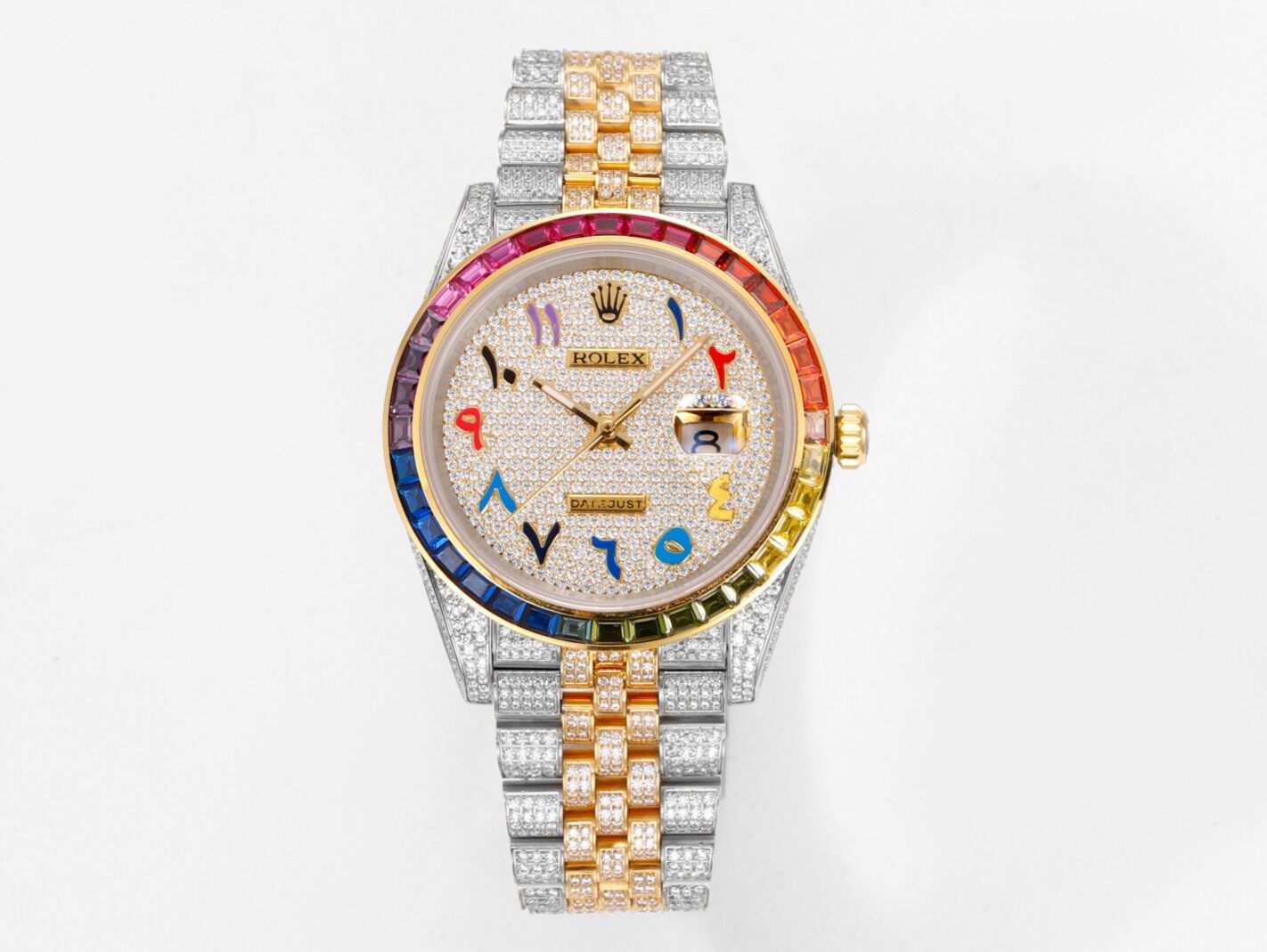 Rolex Rolex Datejust Two-Tone Custom Rainbow Bezel Full Diamond Color Numeral Dial Jubilee Bracelet Watch