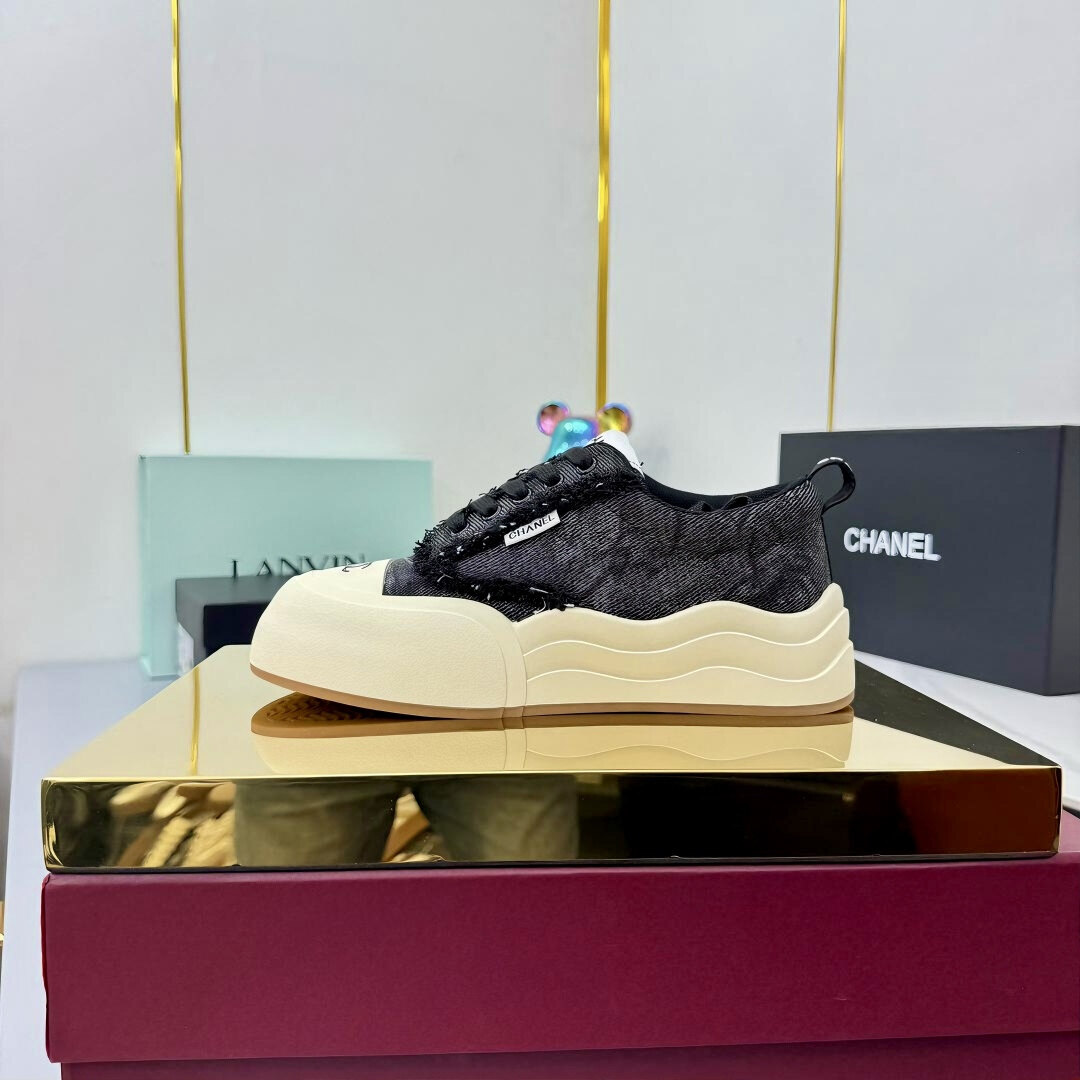 Chanel Black Grey Washed Denim Frayed Edge Wavy Platform Lace-Up Sneakers
