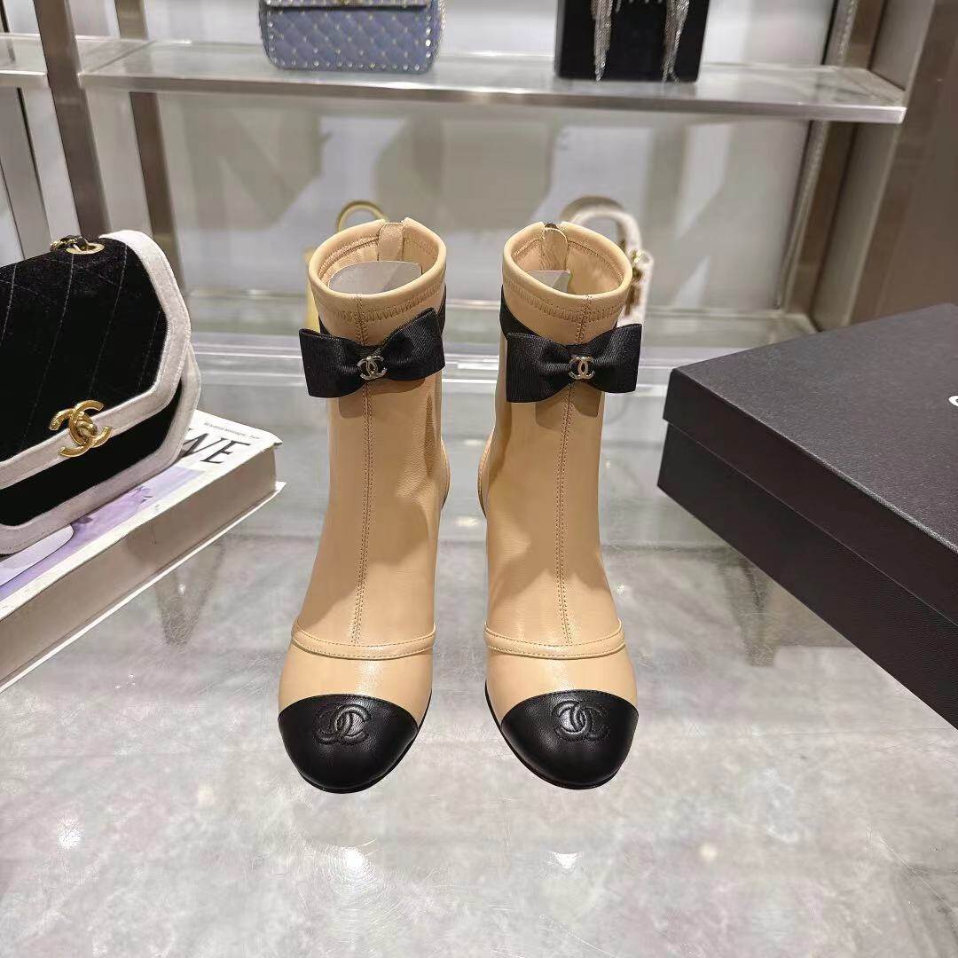 Chanel Nude Black Two-Tone Lambskin Satin Bow CC Stretch Block Heel Ankle Boots